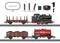 Ensemble de modèle de train avec locomotive à vapeur, wagons de marchandises et accessoires ; comprend des rails, un contrôleur et un transformateur pour la modélisation ferroviaire.