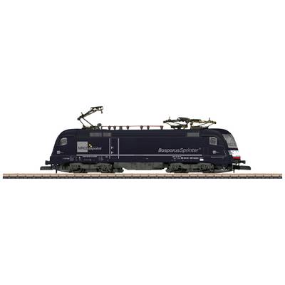 Une locomotive noire est stationnée sur une voie ferrée. Elle porte l'inscription 'BosporusSprinter' et possède deux pantographes sur son toit.