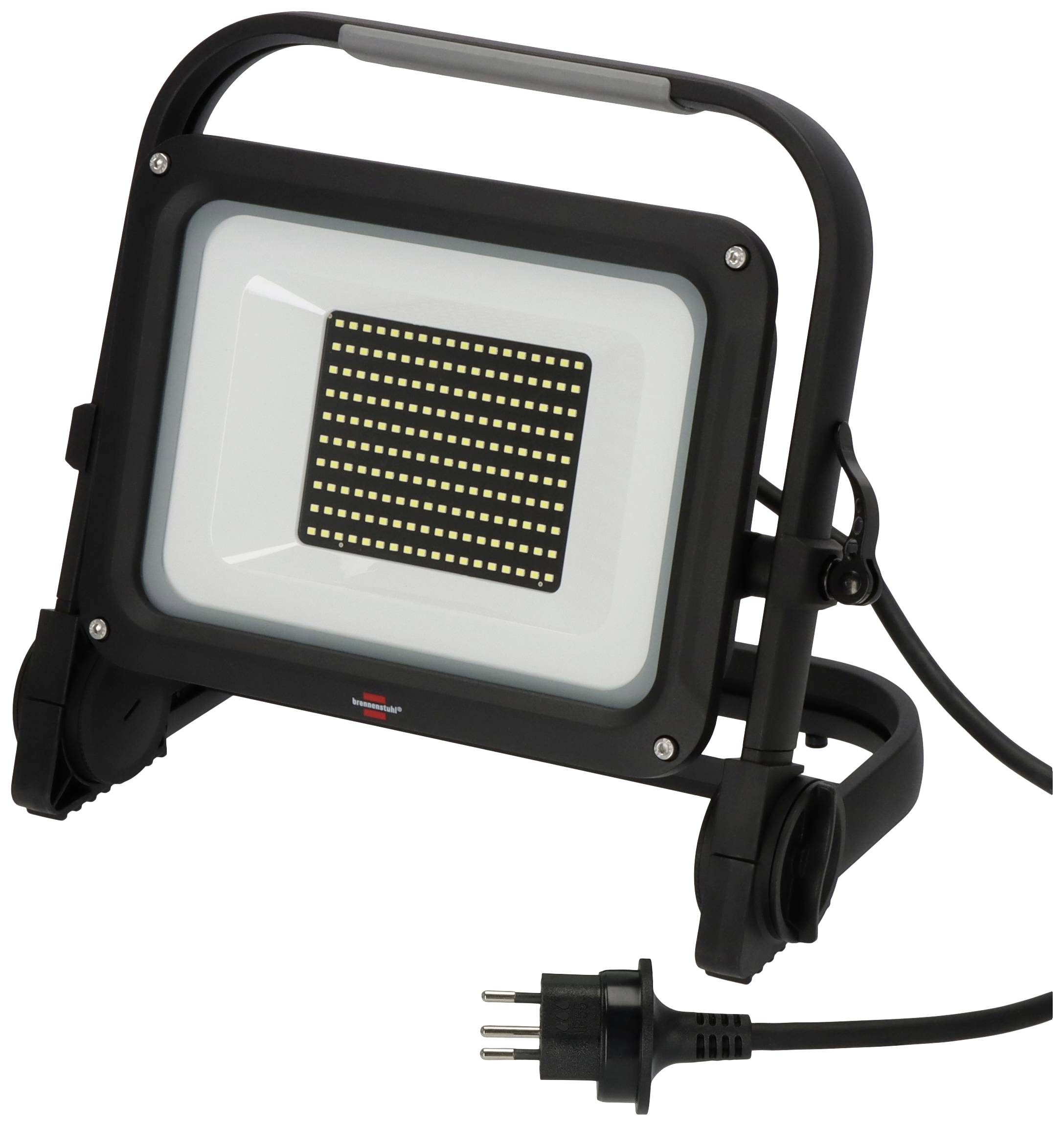 Projecteur LED portable dans un boîtier noir avec fiche secteur, adapté aux chantiers et aux espaces extérieurs.