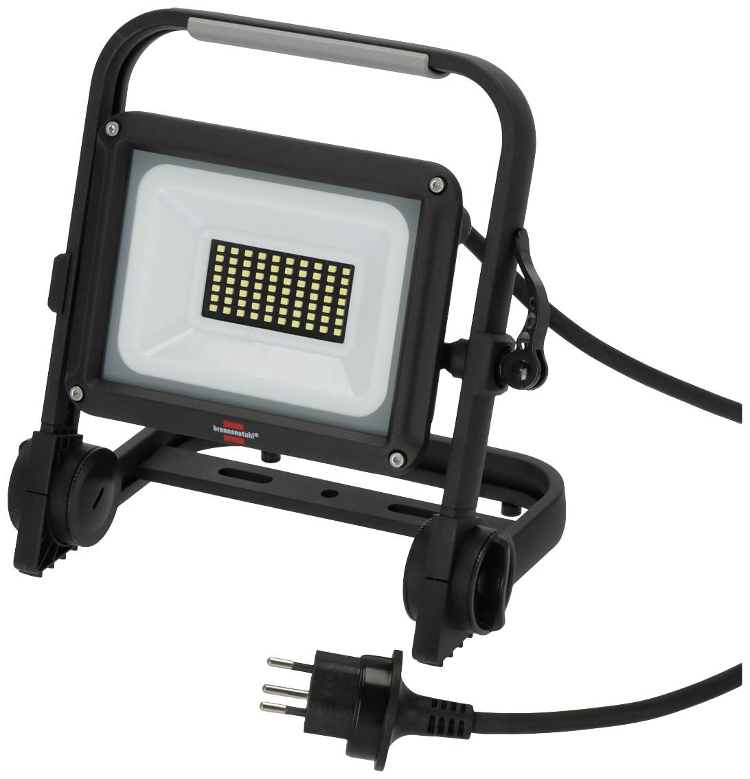Un projecteur de travail LED portable avec poignée et câble électrique. Le projecteur est monté sur deux tiges à roulettes et convient à un éclairage flexible.