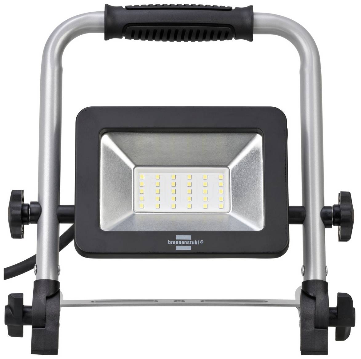 Projecteur LED portable monté sur un cadre métallique. Poignée noire en haut, angles d'inclinaison réglables sur le côté.