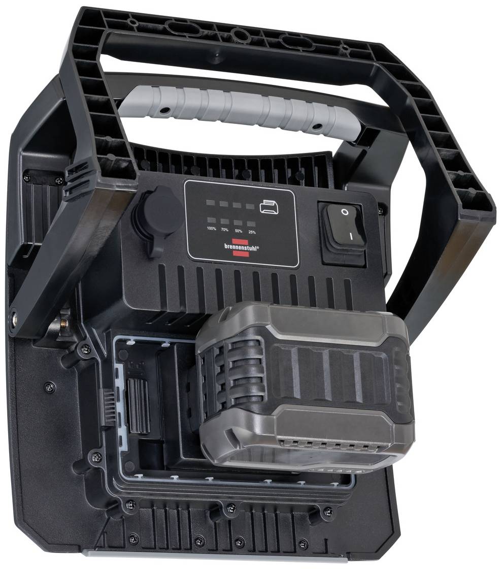 Un chargeur portable avec affichage LED à huit niveaux, interrupteur marche/arrêt et poignée robuste, conçu pour des applications industrielles.