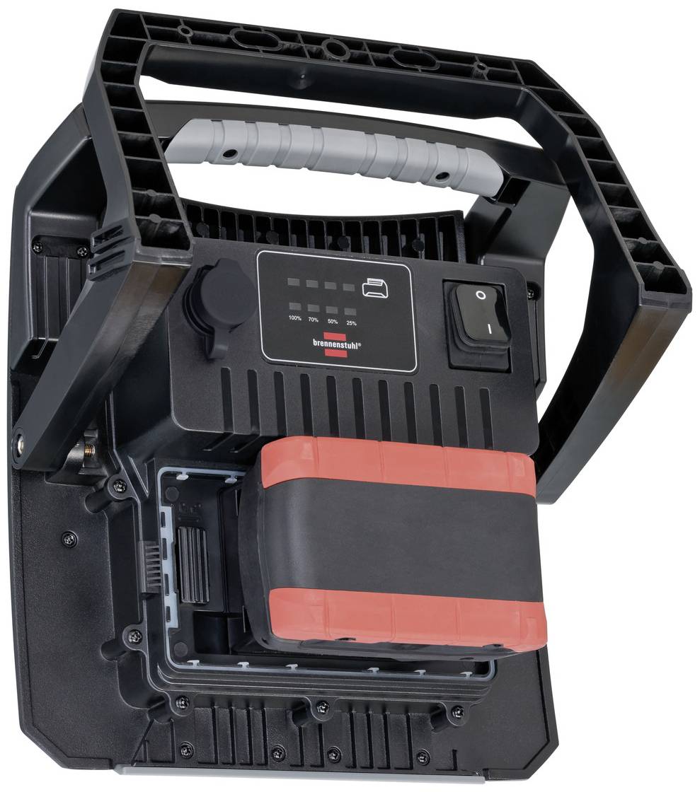 Station de charge portable noire avec batterie rouge, poignée en haut et indicateur de charge ; adaptée pour les outils électriques.