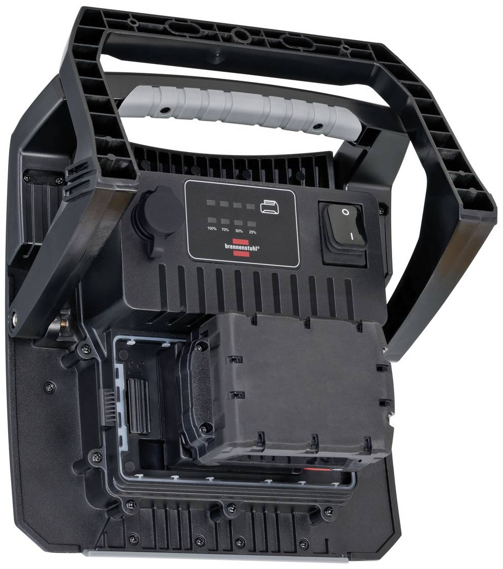 Chargeur de batterie noir robuste avec poignée et indicateur LED.