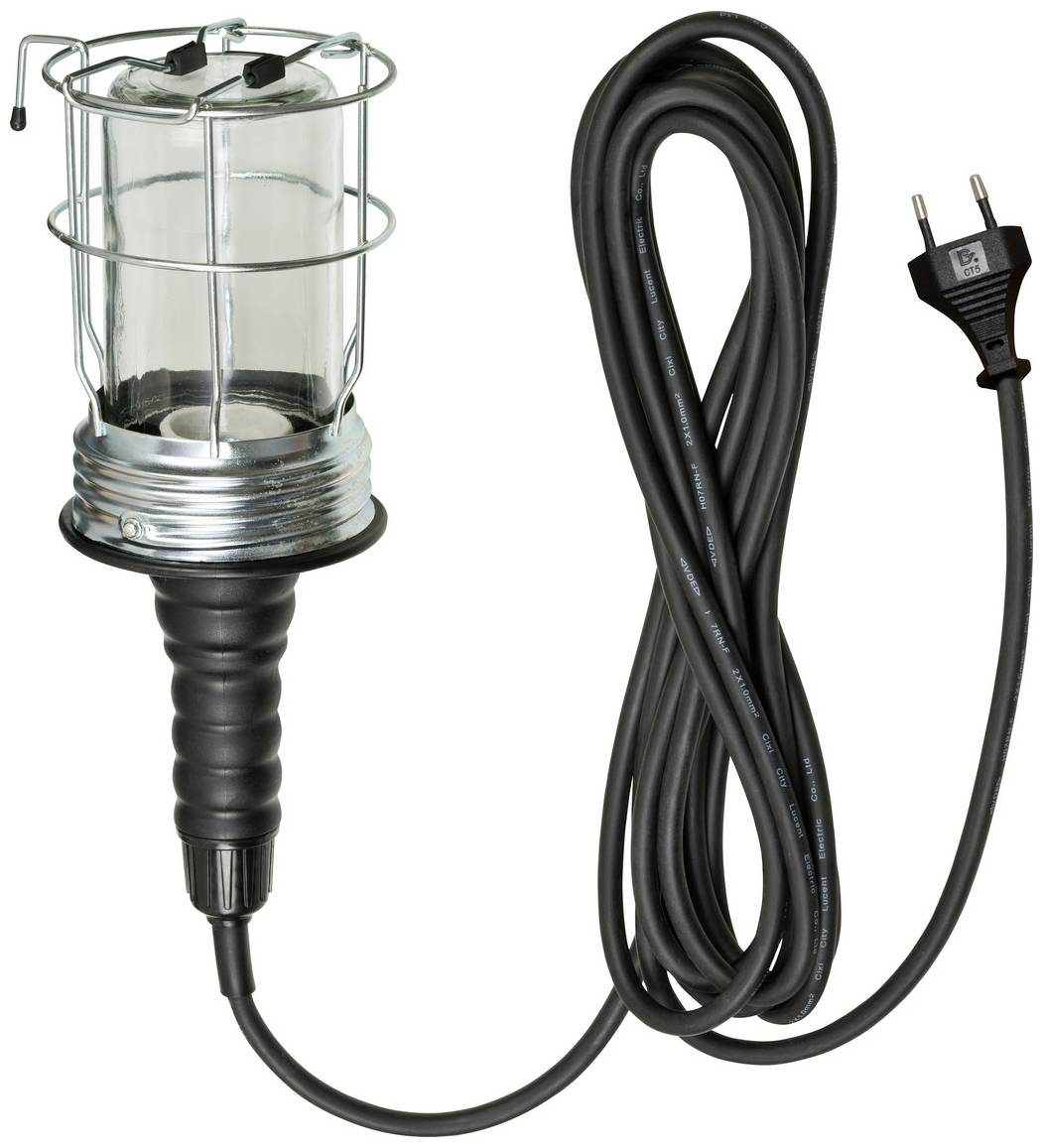 Lampe torche avec cage métallique et long câble. Poignée en plastique, fiche électrique européenne.