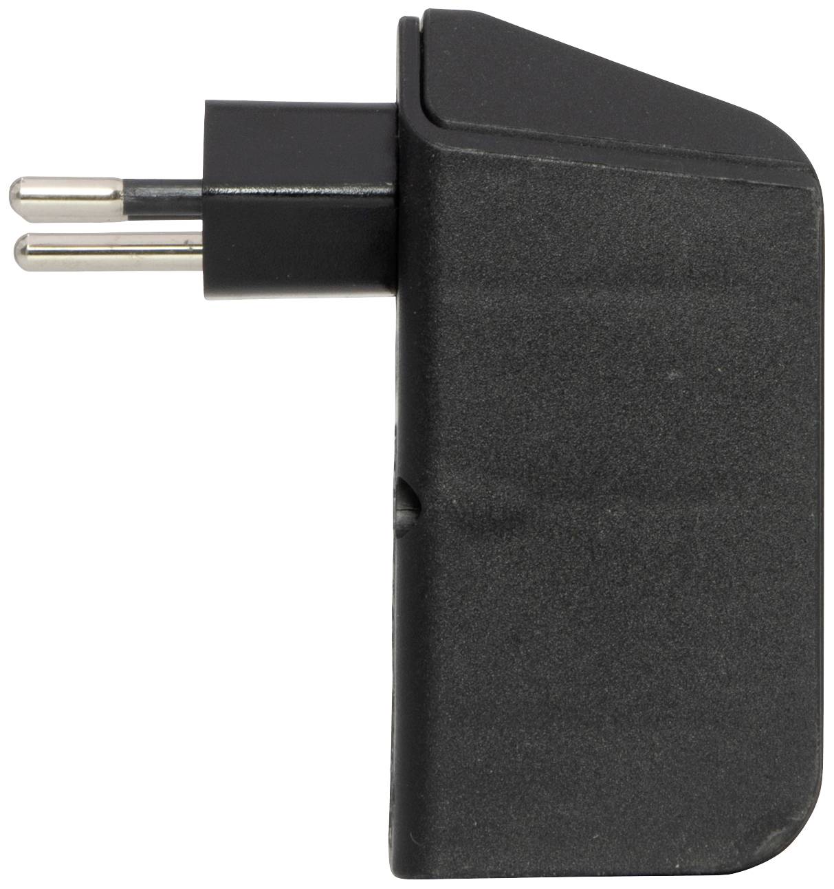 Chargeur réseau noir à deux broches au design de prise européen, vue latérale.