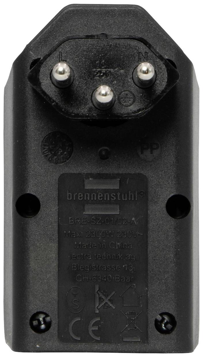 Vue arrière d'un adaptateur noir avec trois broches métalliques rondes en haut pour la connexion. Nom de marque et détails techniques visibles.