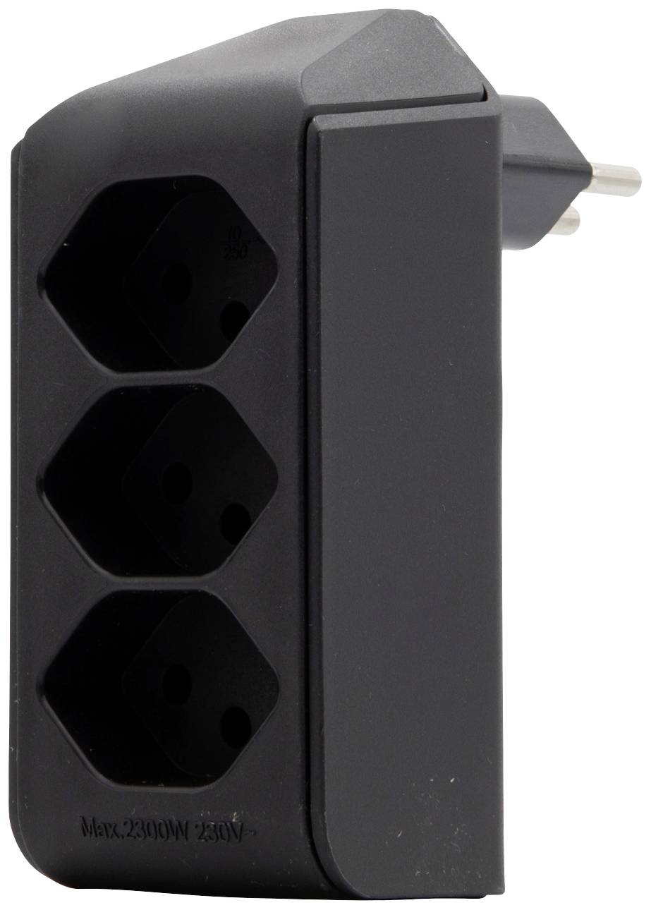 Multiprise noire à trois emplacements, compatible avec les fiches européennes, puissance maximale de 2500W, 250V.