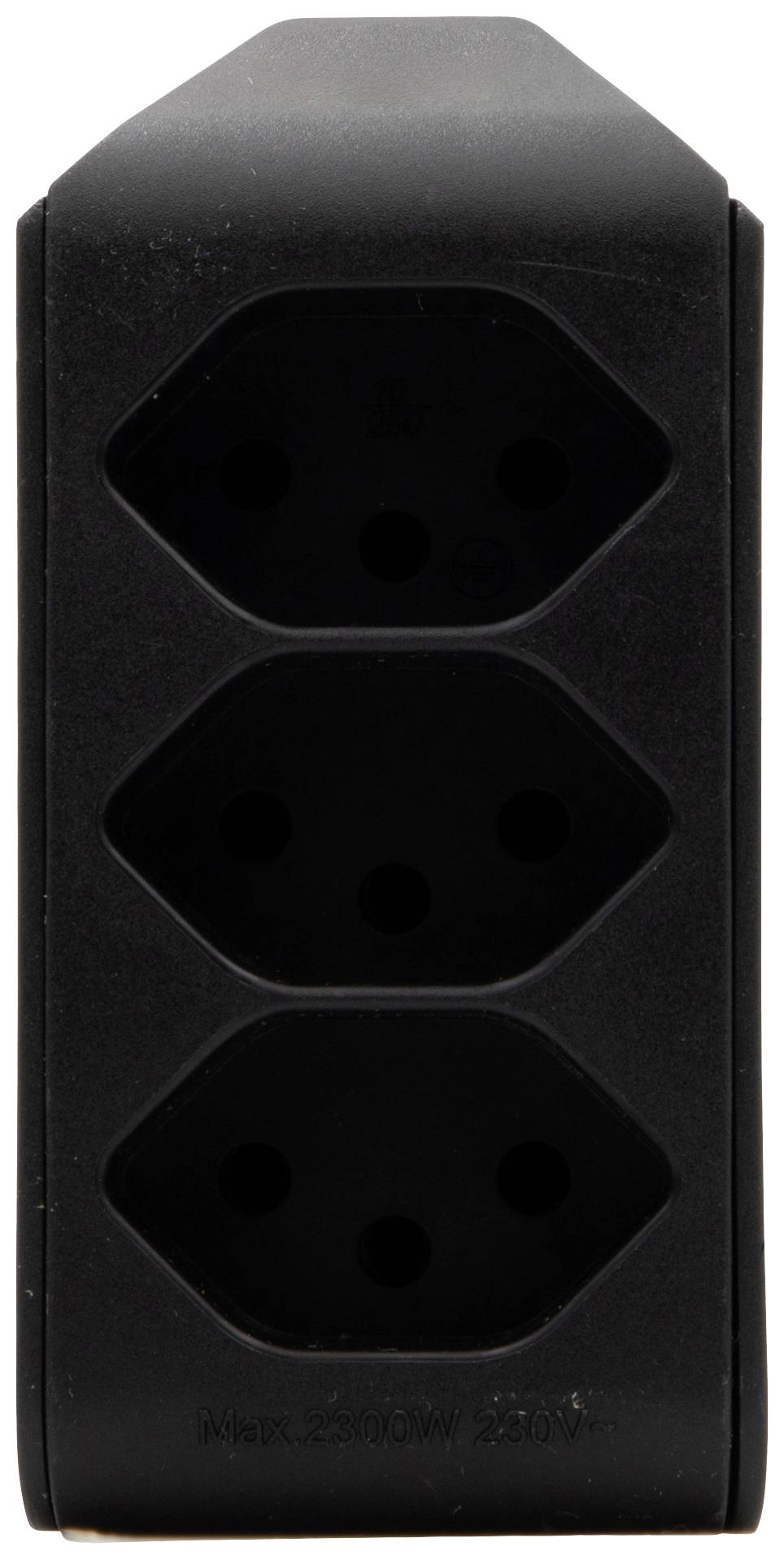 Prise triple noire en disposition verticale, adaptée aux appareils électriques.