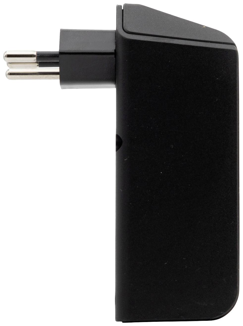 Chargeur noir vertical avec fiche amovible, vu de côté.