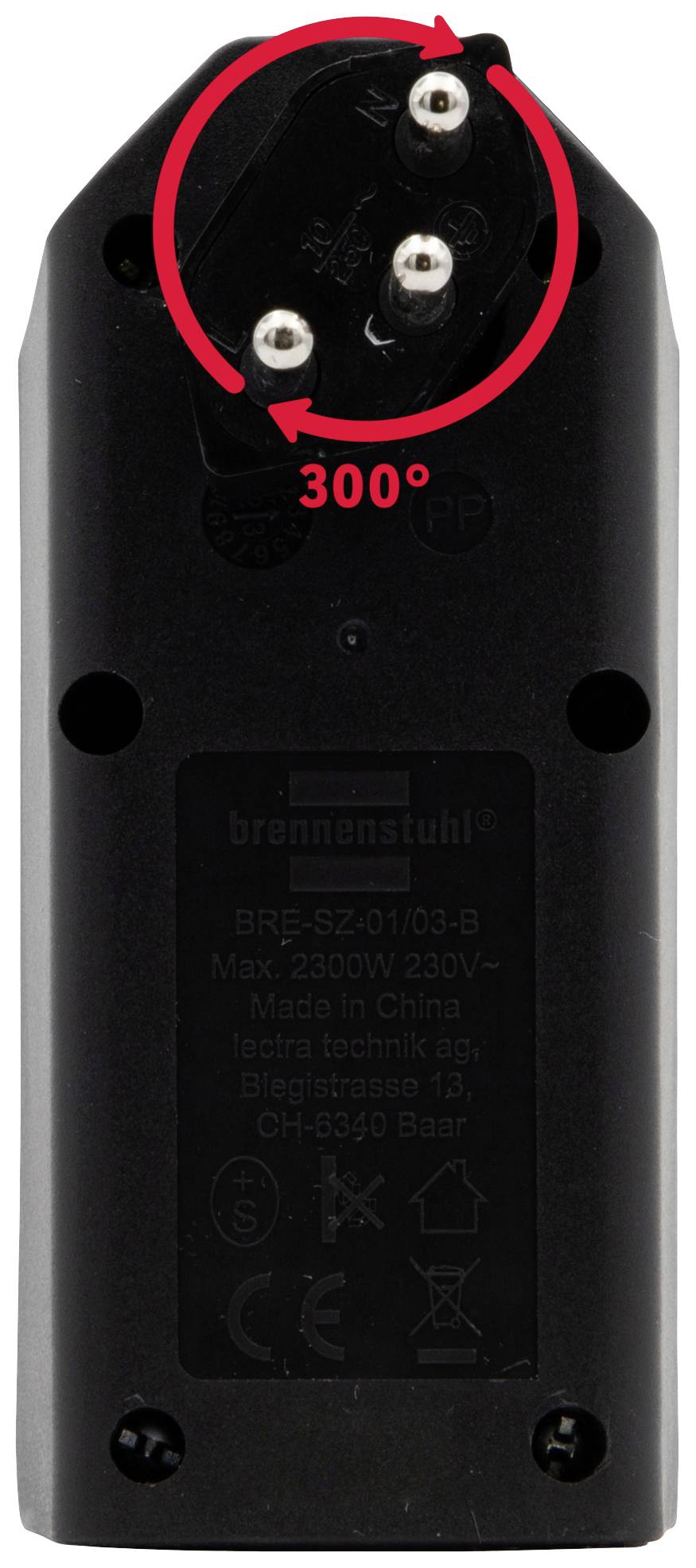 Dos d'un adaptateur de prise noir avec contacts Schuko, l'inscription montre des détails techniques.