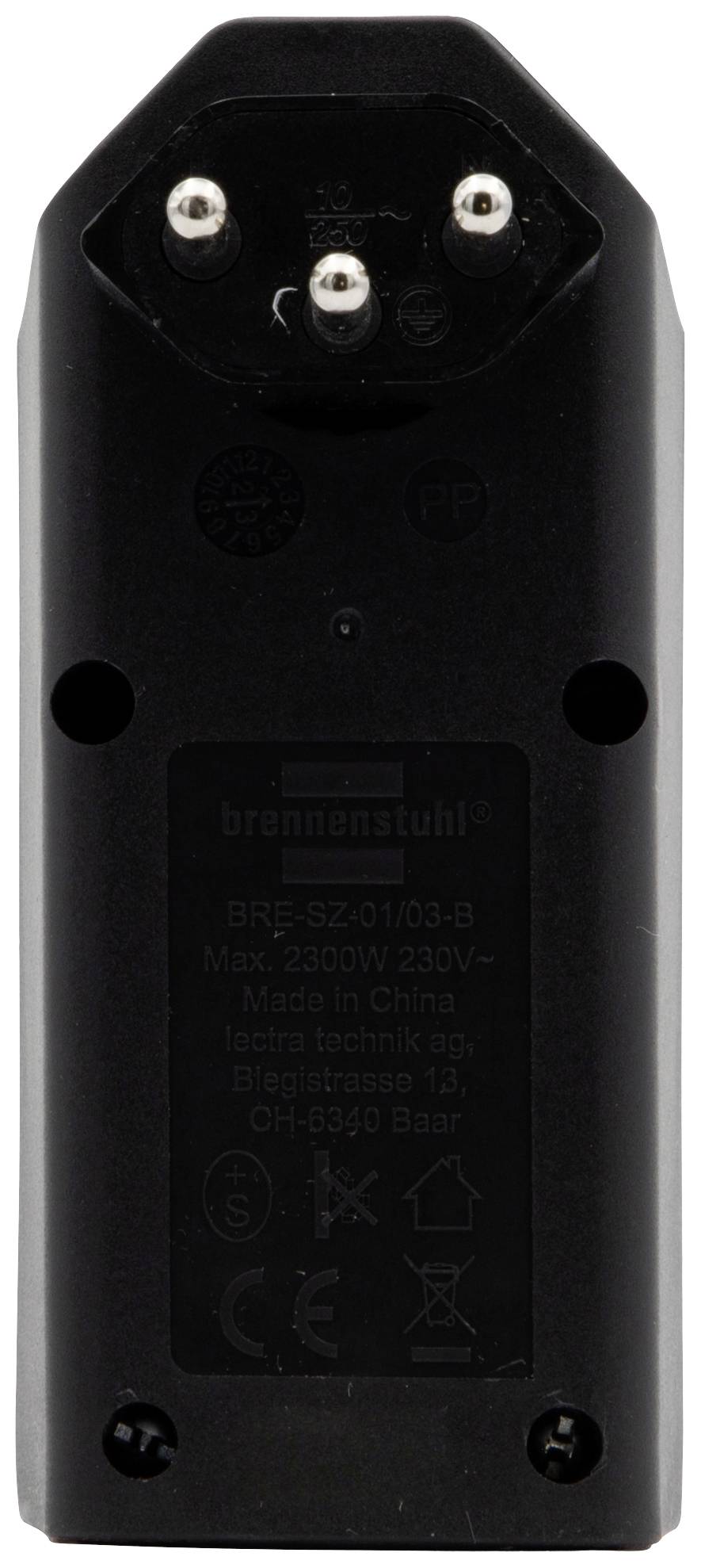 'Adaptateur de prise Brennenstuhl, modèle BREMAX 2300W 230V, noir, fabriqué en Chine.'