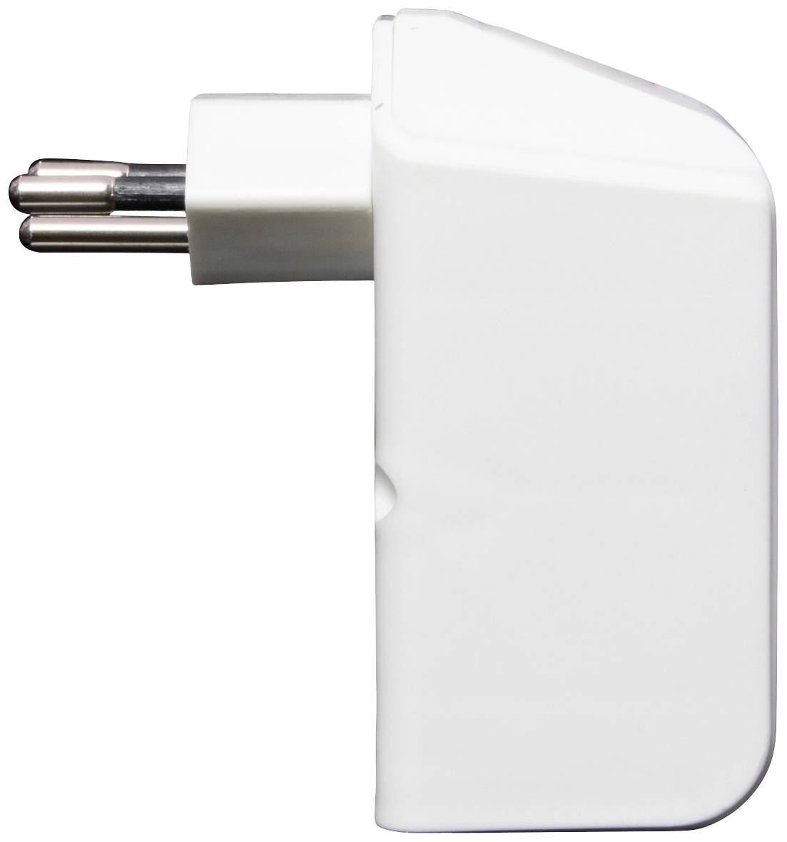 Un adaptateur de prise blanc, représenté de côté, compatible avec les prises électriques européennes, présenté sans câble ni composants supplémentaires.