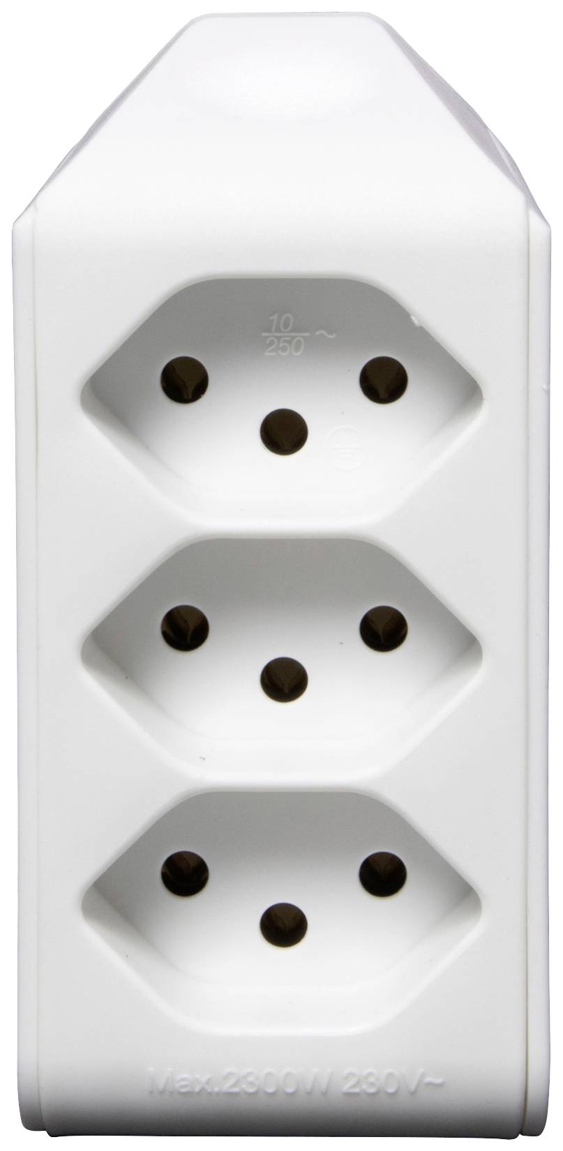 Prise triple en blanc avec une puissance maximale de 2300W et 230V. Adaptée pour connecter plusieurs appareils électriques.