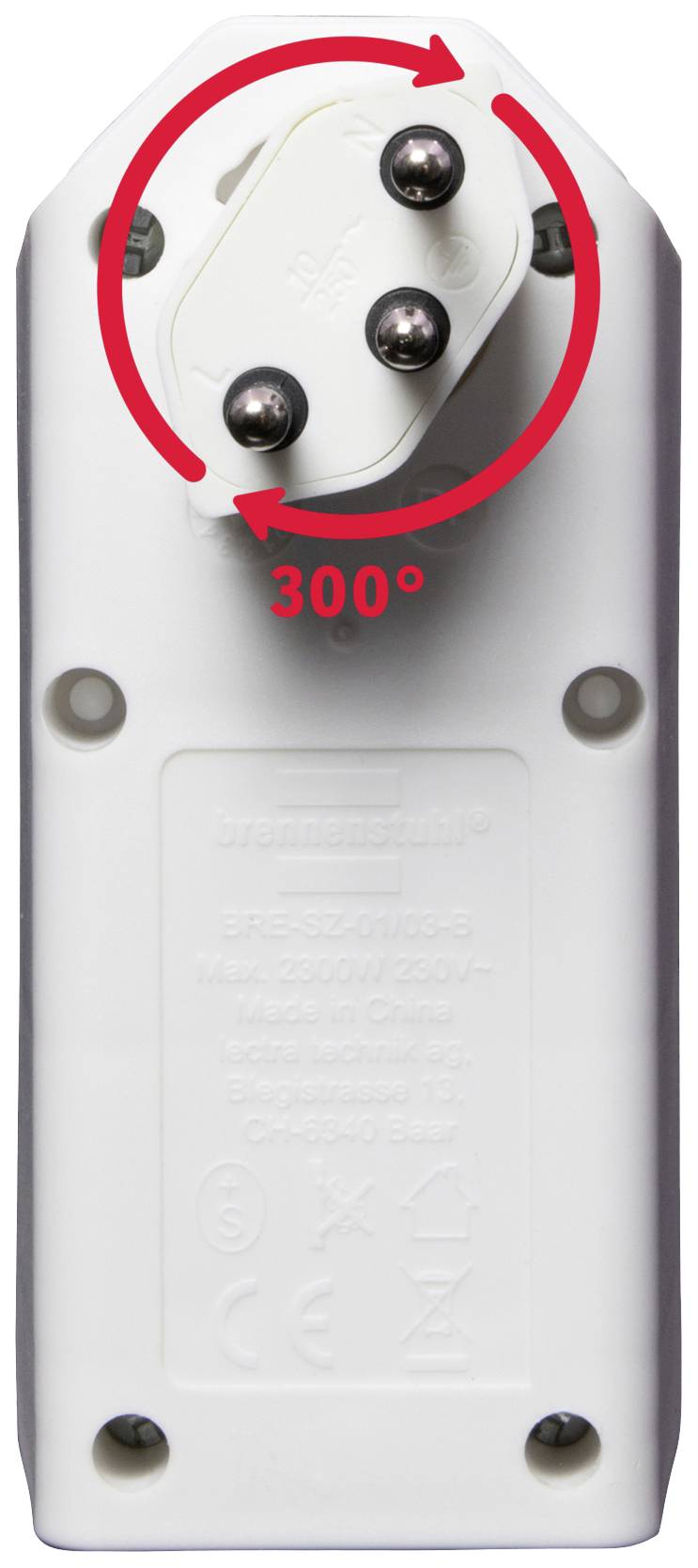 Appareil électrique avec une fiche pivotante à 300°, représentée par une flèche rouge.