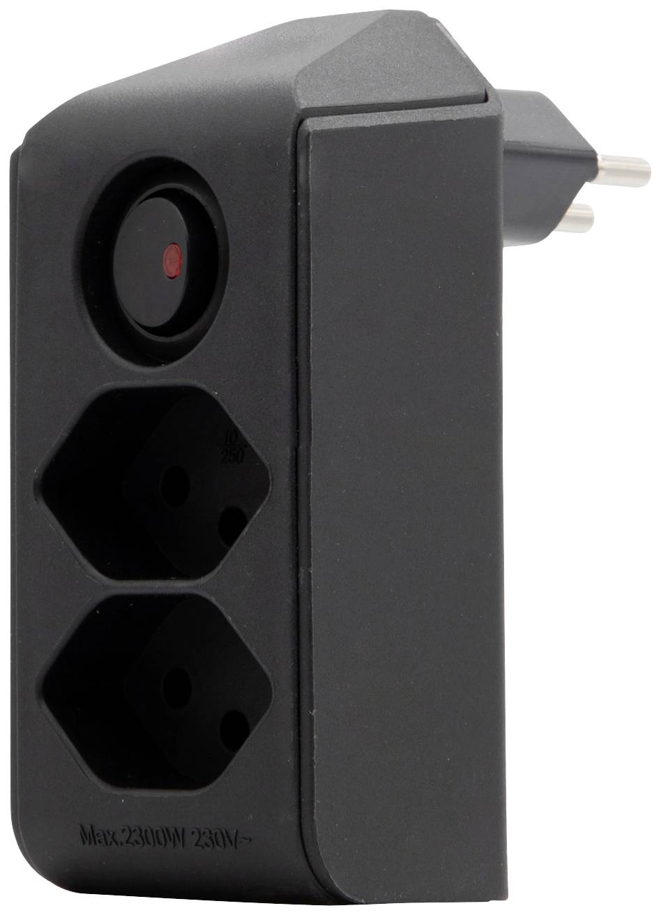 Adaptateur de prise noir à deux emplacements, avec une puissance maximale de 2300W, 250V.