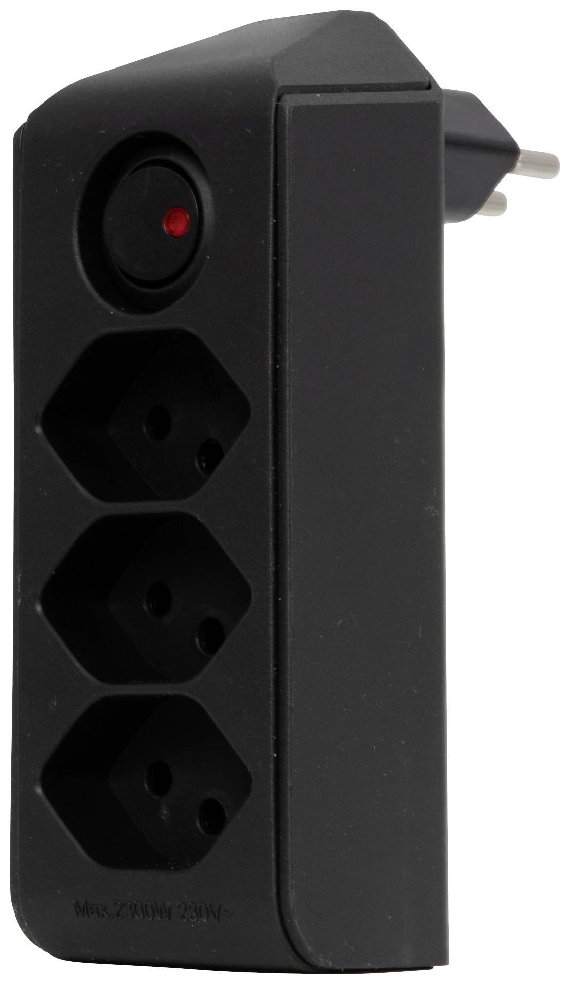 Multiprise noire à trois prises, avec un interrupteur rouge visible sur le côté, design noir épuré, fiche murale à l'arrière.