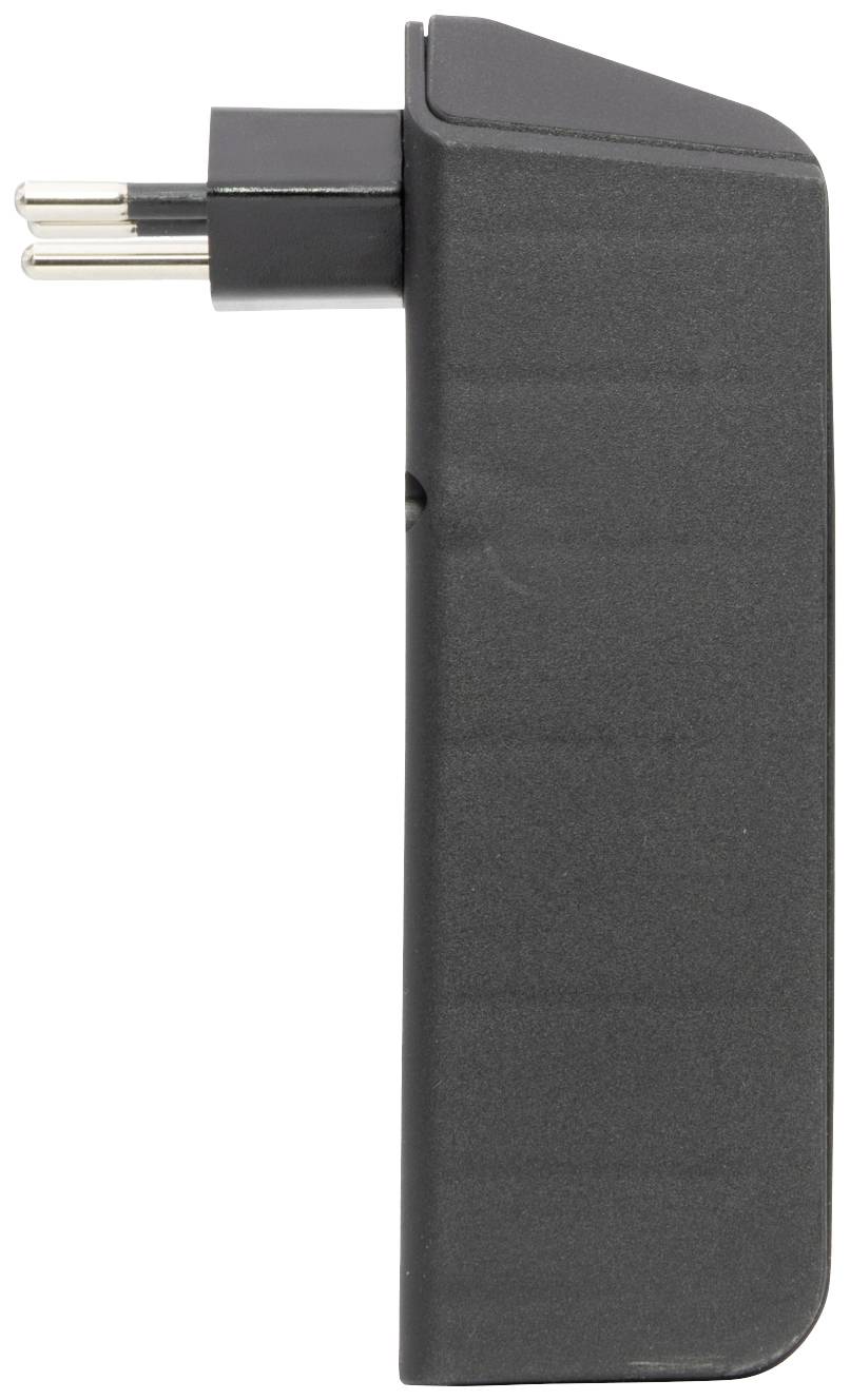 Adaptateur de prise noir, vue latérale avec fiche européenne.
