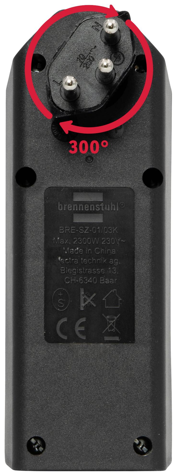 Adaptateur noir à trois broches avec une flèche rouge indiquant un angle de rotation de 300°. Avec le texte 'brennenstuhl' et les spécifications techniques.