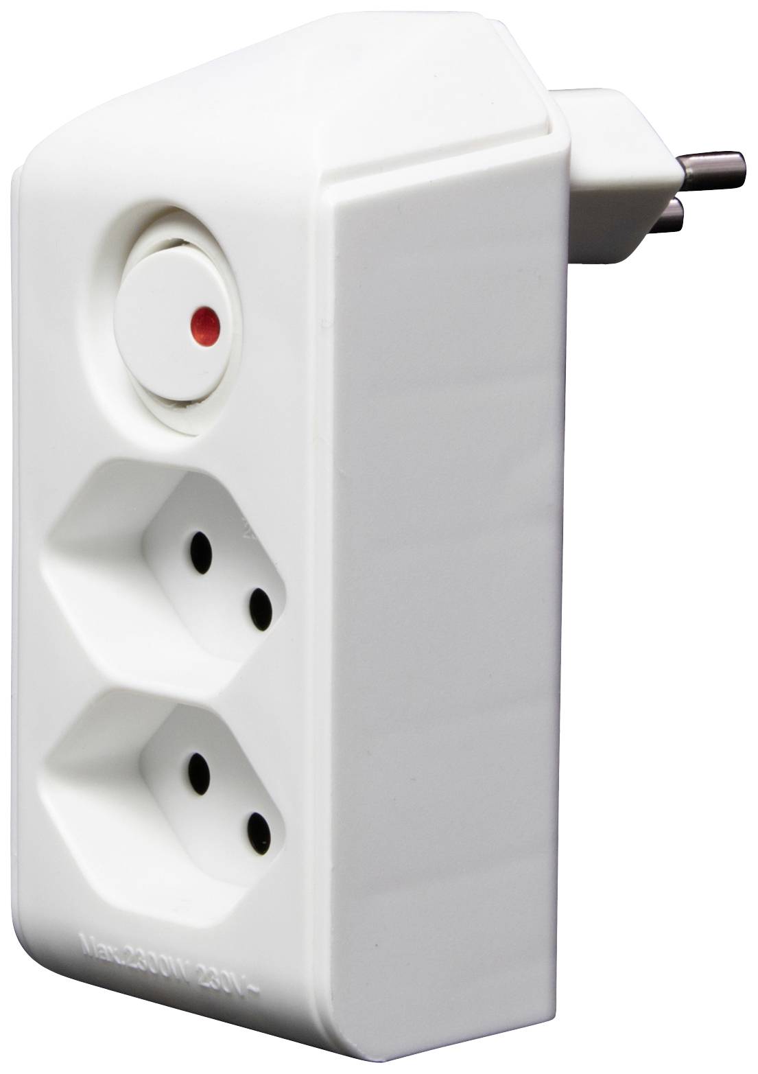 Prise blanche à deux emplacements avec un bouton rond sur le côté portant un point rouge. Un adaptateur de prise européen est visible.
