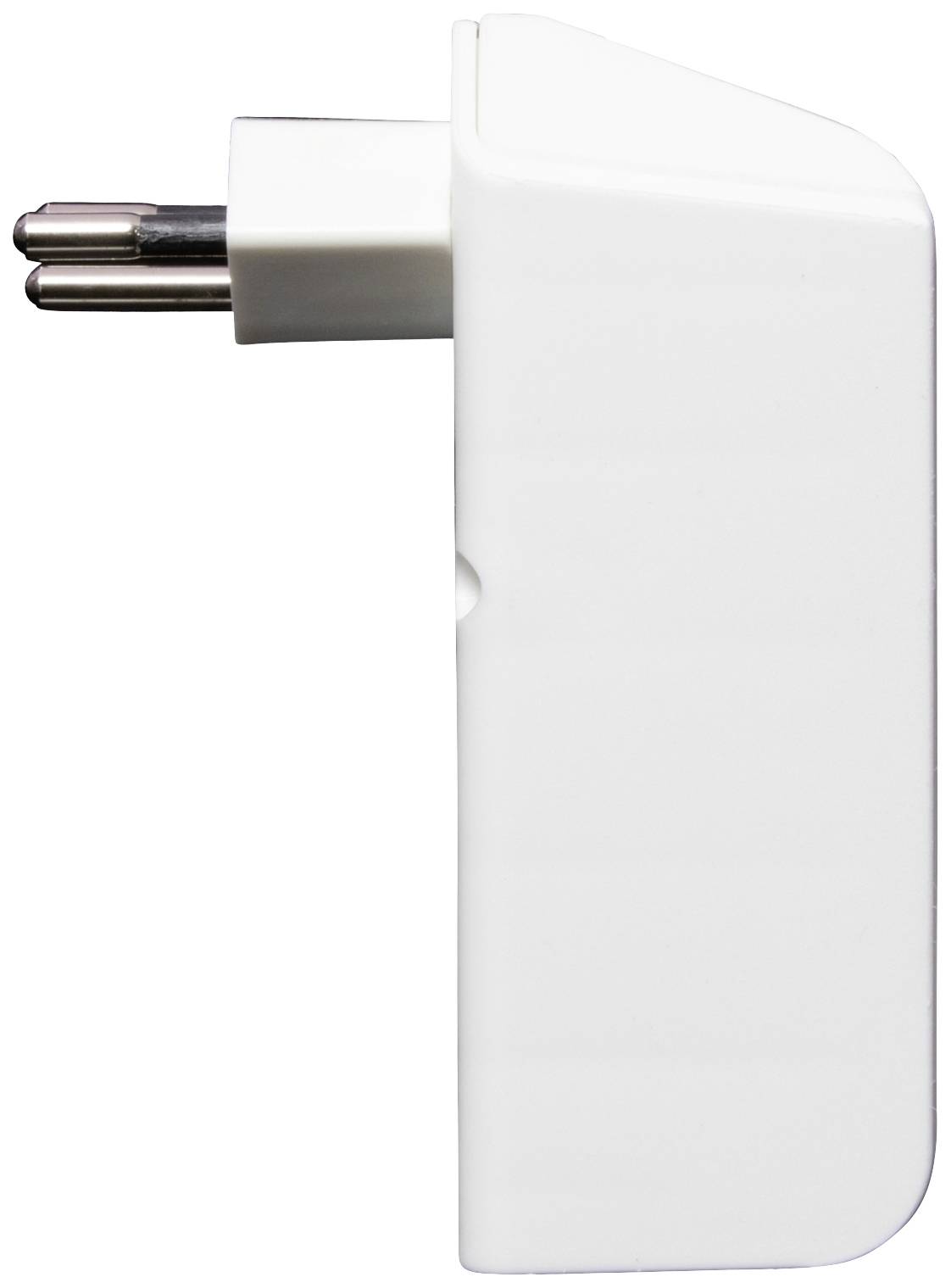 Adaptateur blanc à deux broches rondes, représenté de côté.