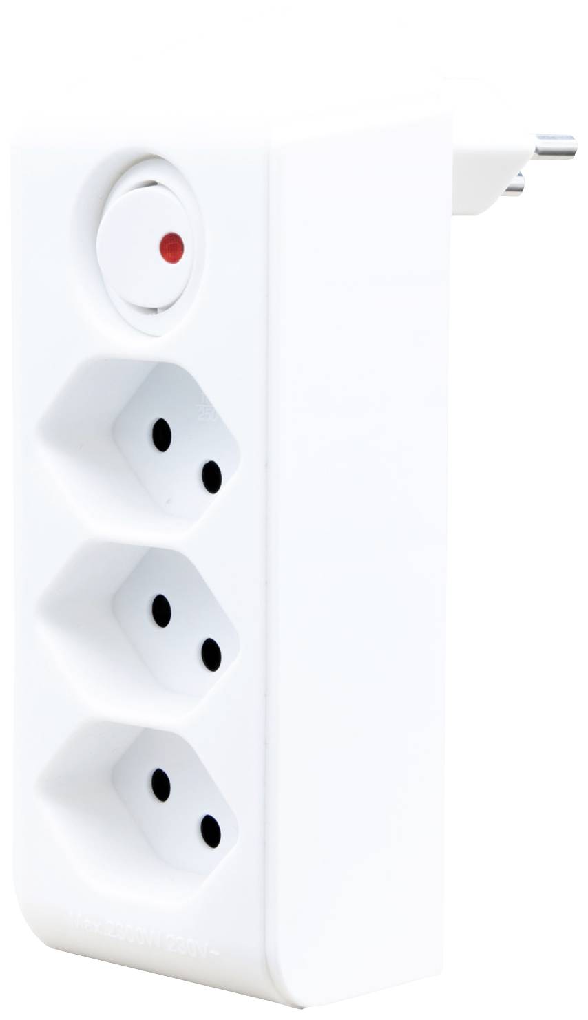 Barrette multiprise blanche à trois prises, avec fiche secteur latérale et interrupteur marche/arrêt rouge sur le dessus.