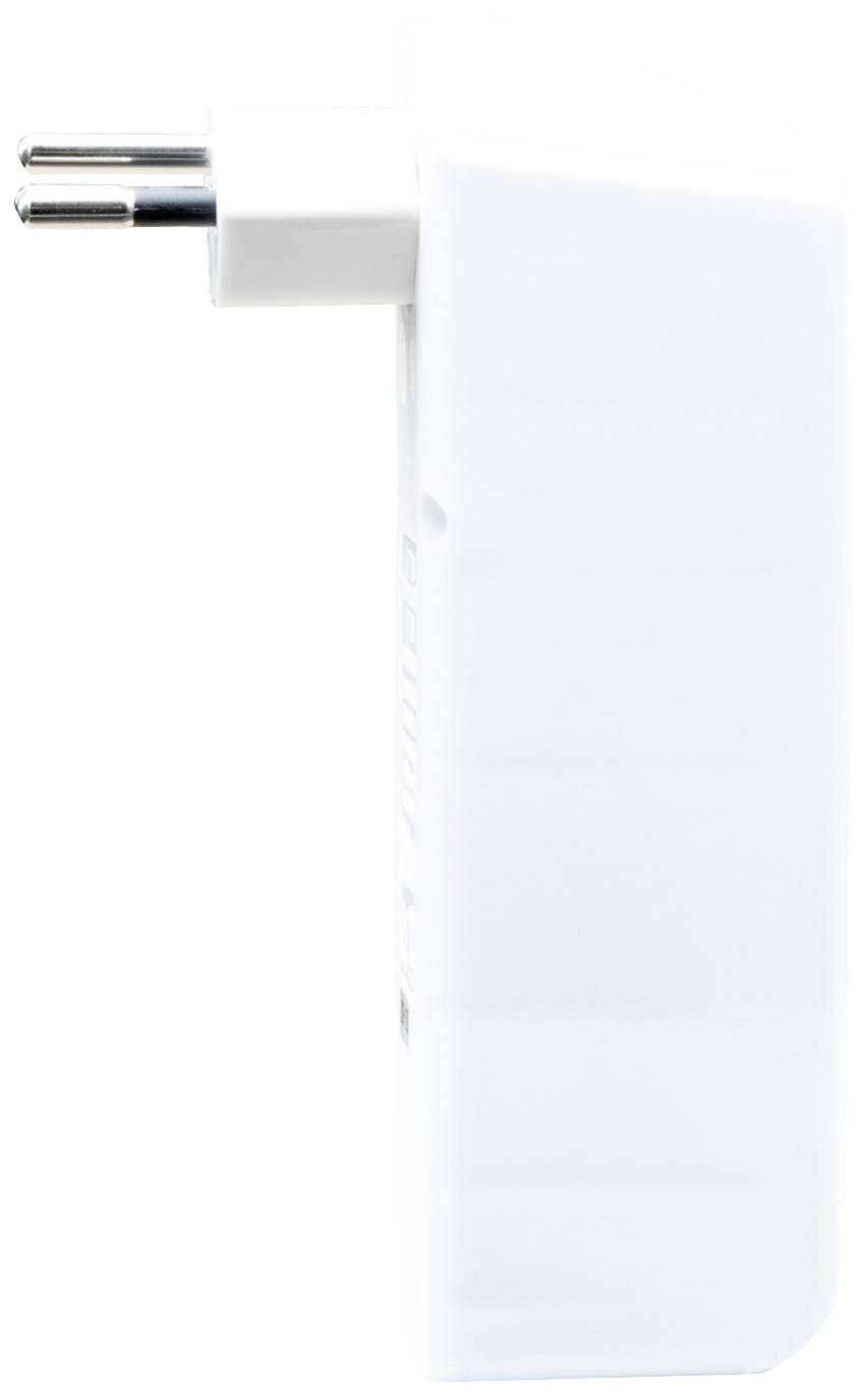 Adaptateur électrique blanc, avec deux fiches rondes, représenté de côté.