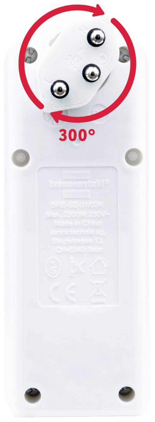 Une télécommande blanche représentée avec une tête rotative tournée de 300 degrés vers la gauche, mise en évidence par une flèche rouge.