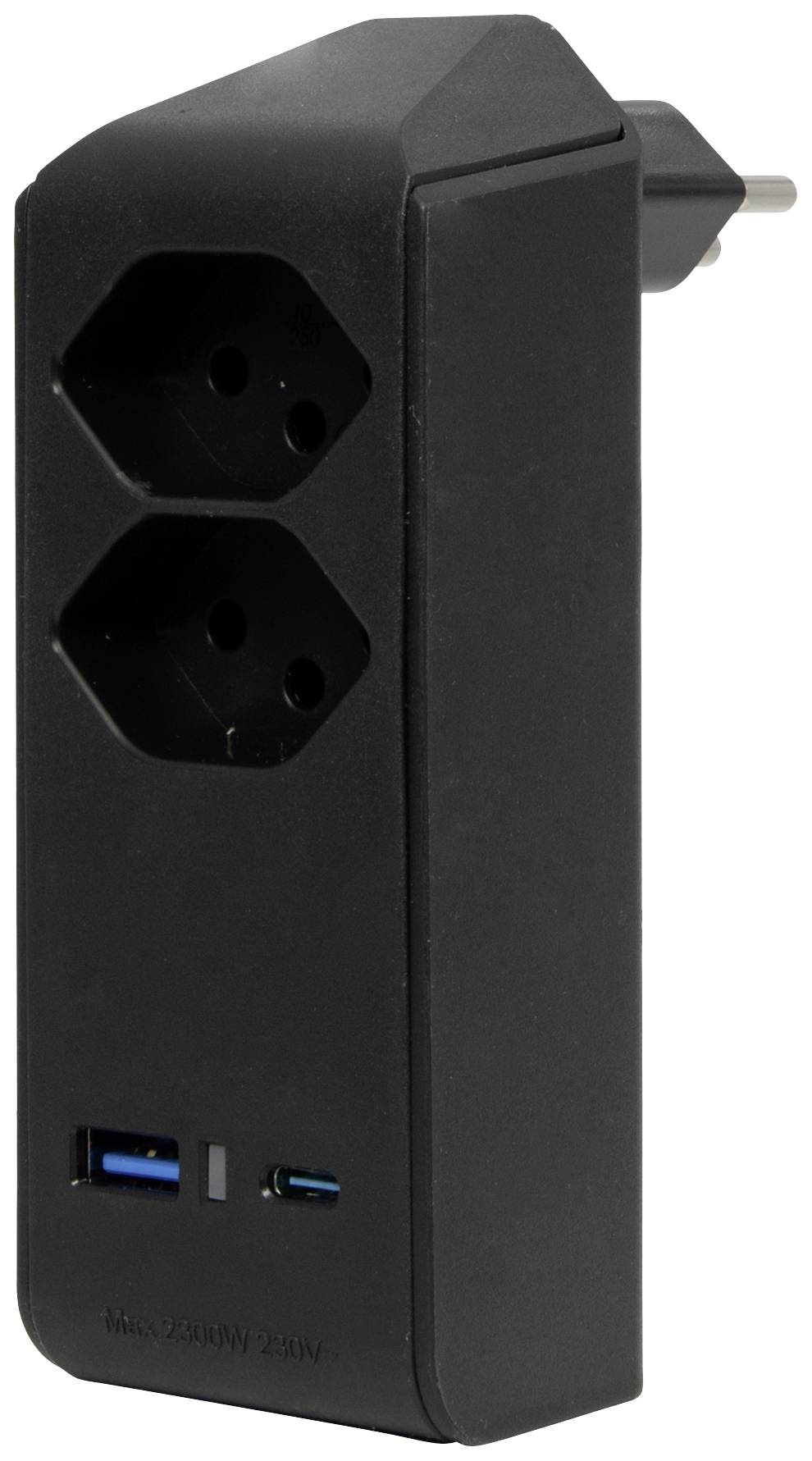 Barrette d'alimentation noire avec deux prises secteur et deux ports USB, adaptée pour charger simultanément plusieurs appareils.