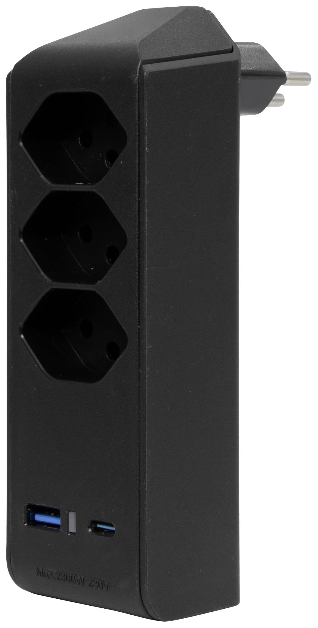 Multiprise noire à trois prises secteur et deux ports USB, légèrement inclinée sur le côté.