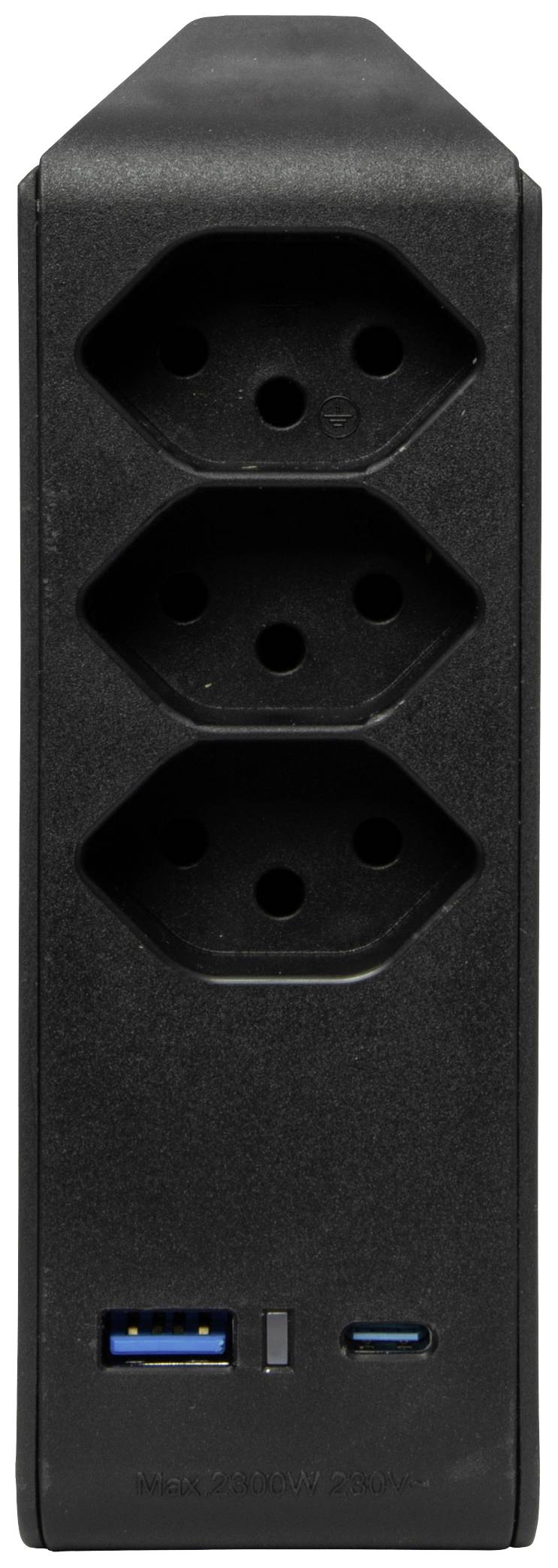 Bloc multiprises noir avec deux prises secteur et deux ports USB à l'avant.
