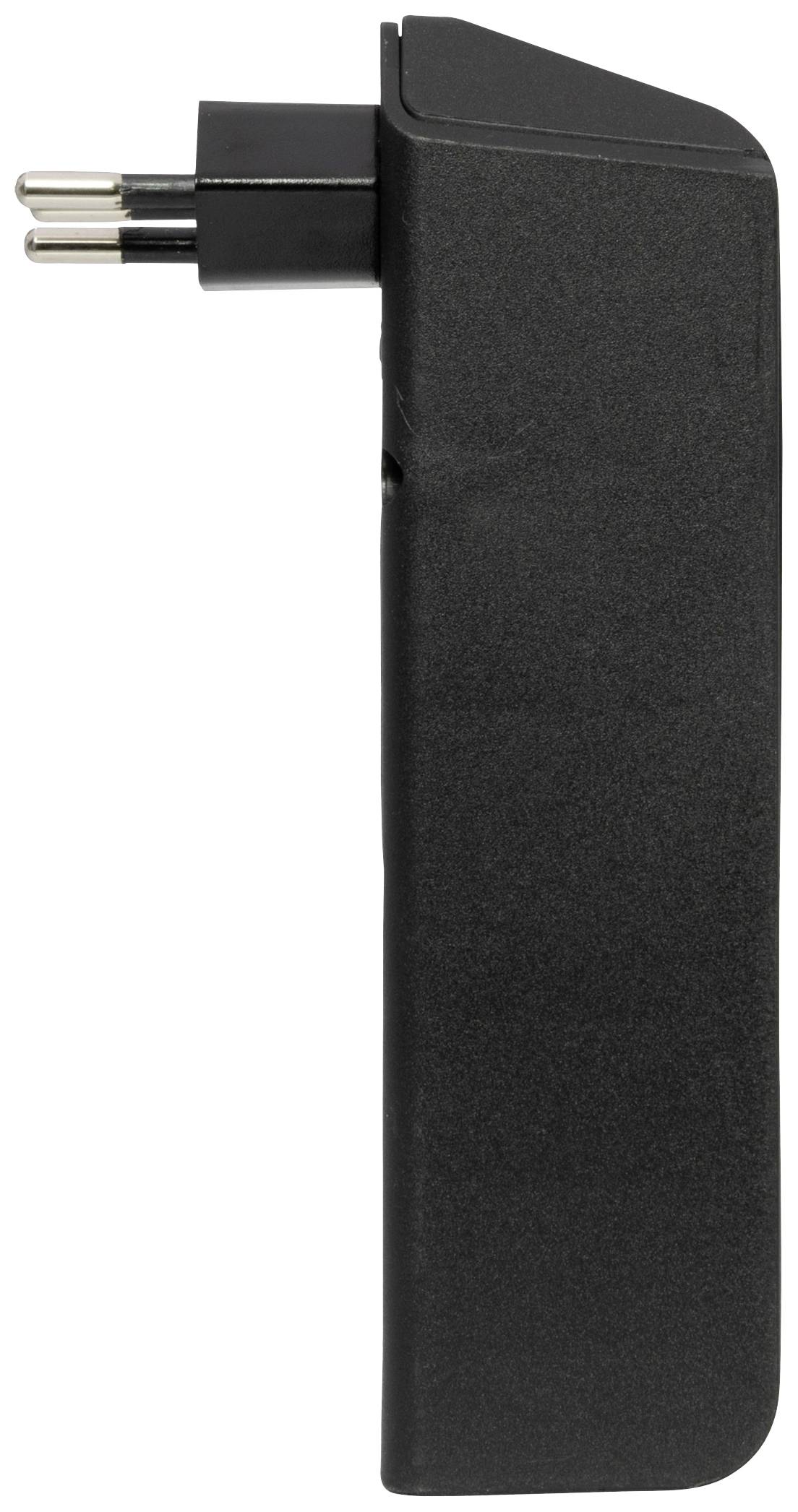 Adaptateur de prise noir, européen, vue latérale, montrant une fiche tripolaire.