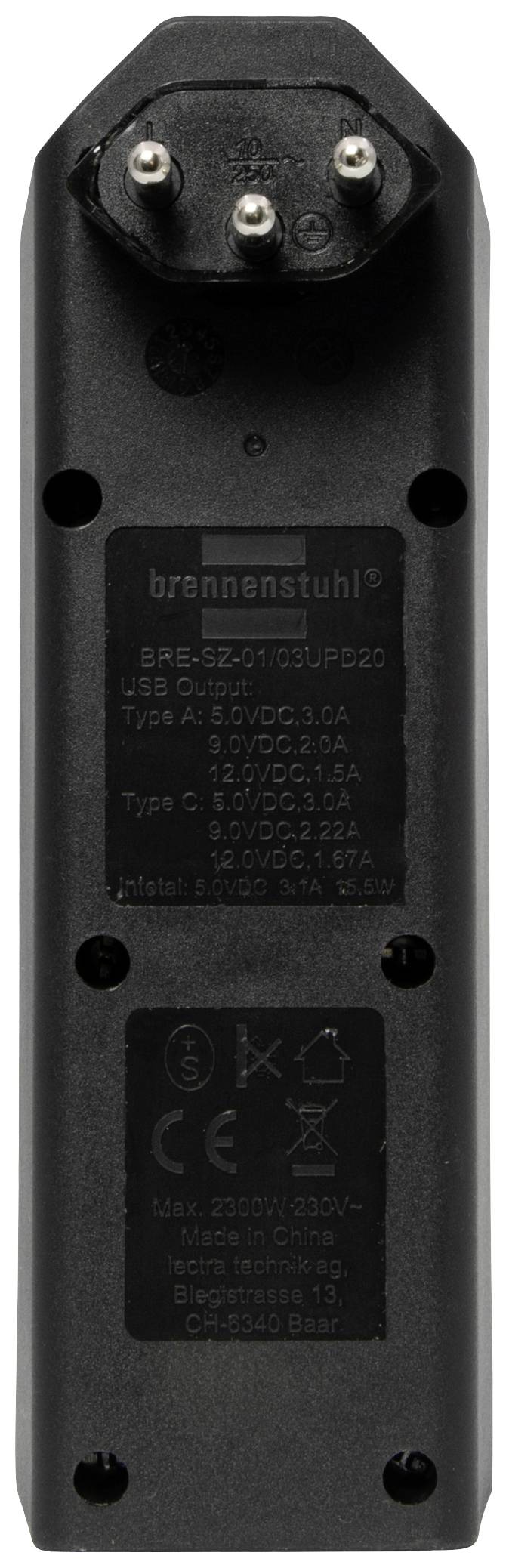 Fiche électrique Brennenstuhl, boîtier noir, trois contacts métalliques ronds en haut, diverses informations techniques imprimées.