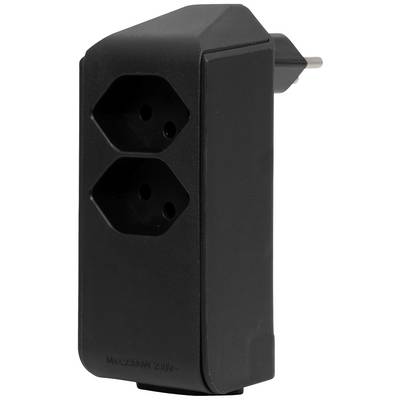 Prise multiprise noire à deux prises, disposées verticalement, adaptée aux prises électriques européennes.