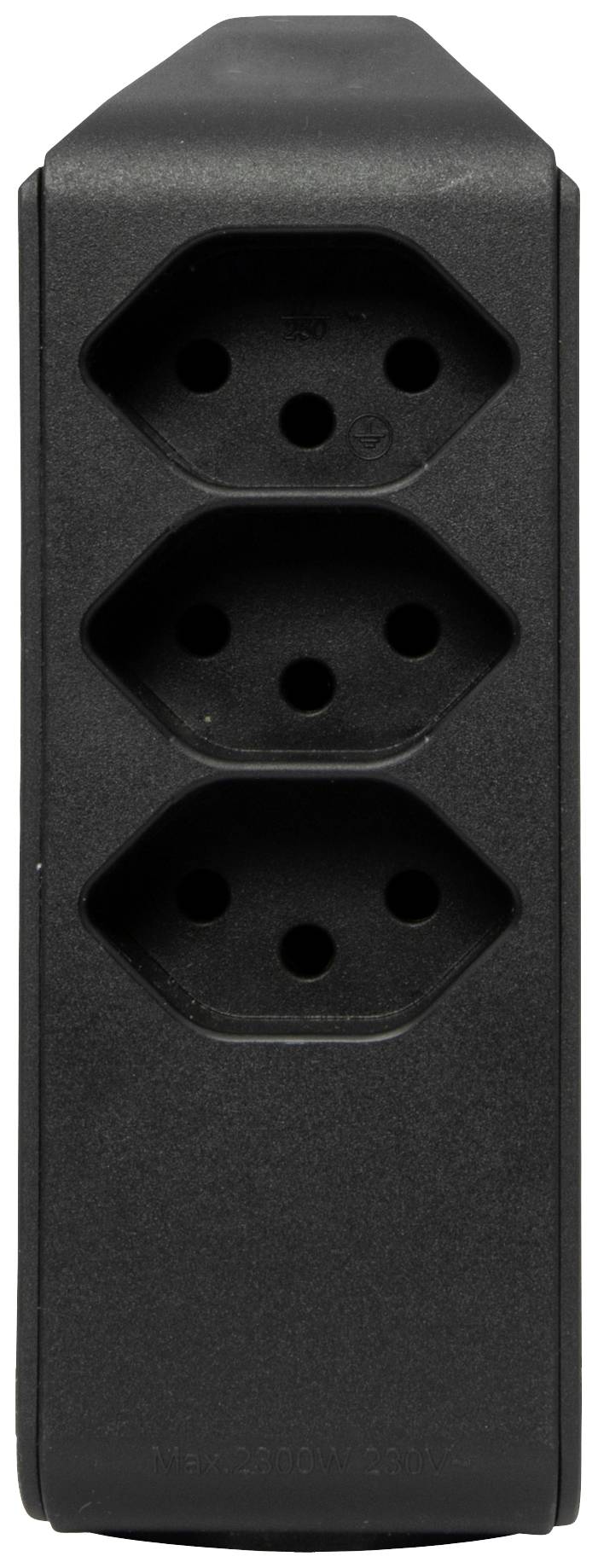 Multiprise noire avec trois emplacements hexagonaux, disposés verticalement, permettant de connecter plusieurs appareils.