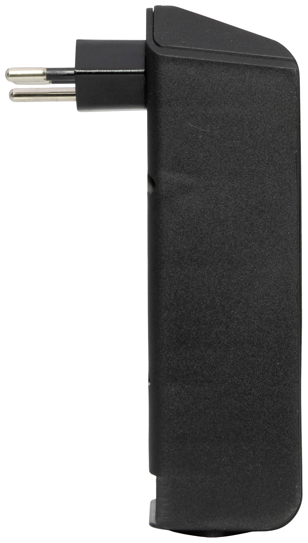 Adaptateur de prise noir, représenté de côté, avec deux broches visibles en haut.
