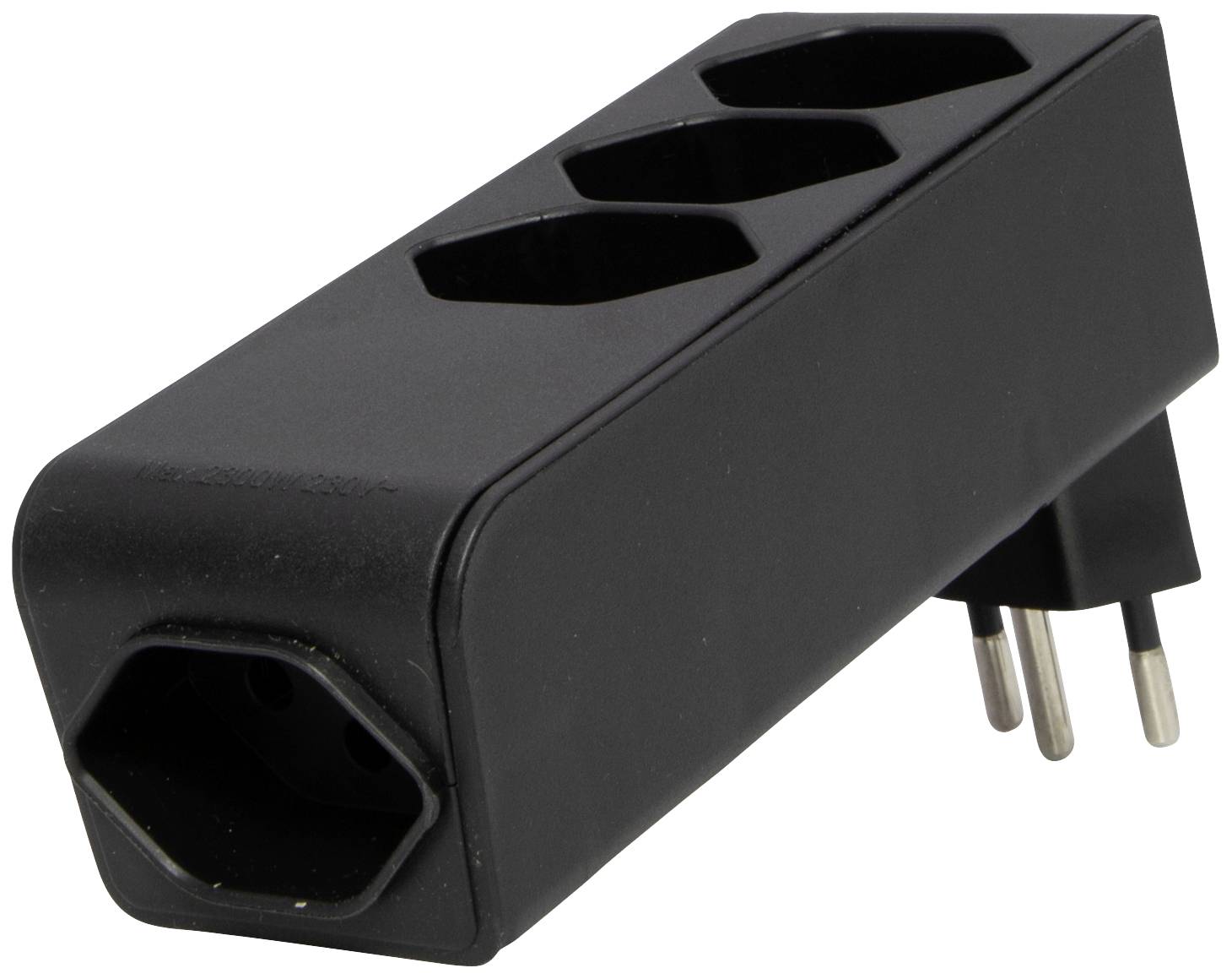 Un adaptateur de prise noir avec quatre emplacements et trois broches métalliques pour se connecter à une source d'énergie.