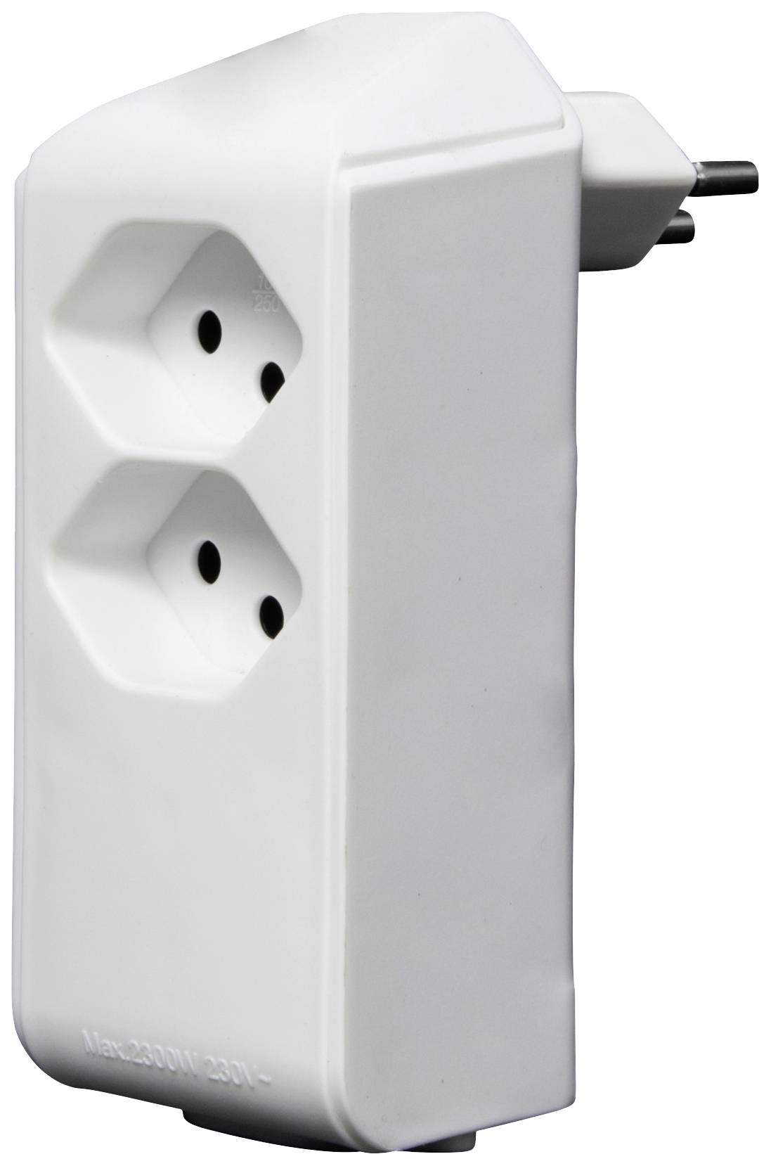 Prise double en blanc, raccordée à une prise murale européenne, vue de côté montrant deux emplacements pour fiches électriques.