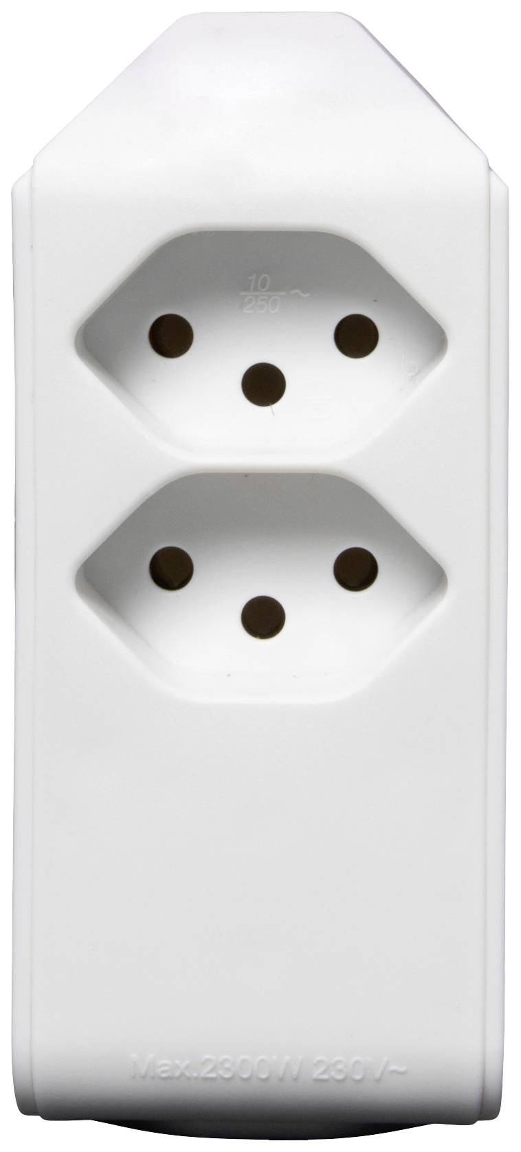 'Barrette multiprise blanche avec deux prises, adaptée pour 230V, puissance maximale de 2300W.'