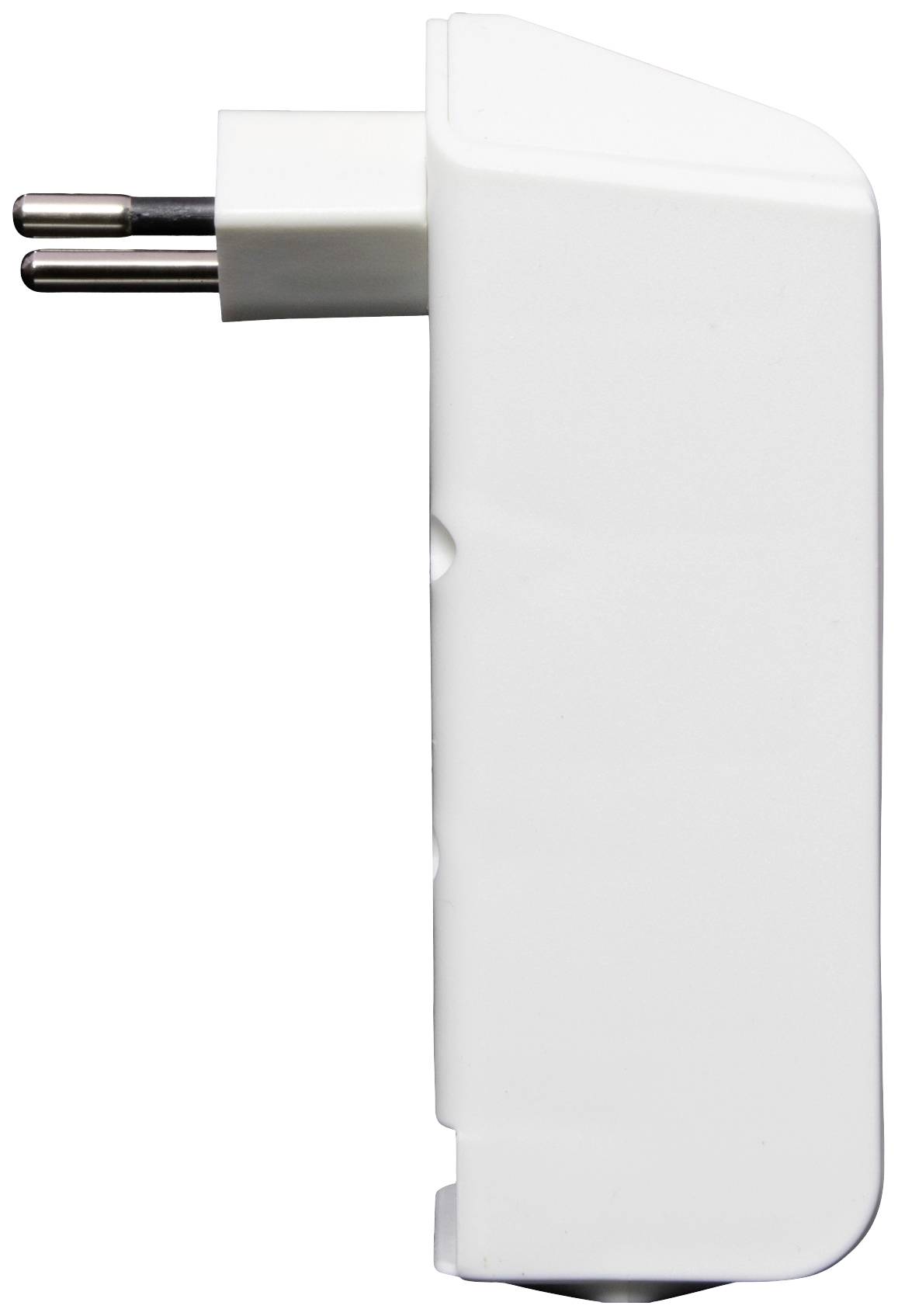Bloc d'alimentation blanc rectangulaire avec une fiche européenne, présenté de côté. Adapté aux appareils électroniques.