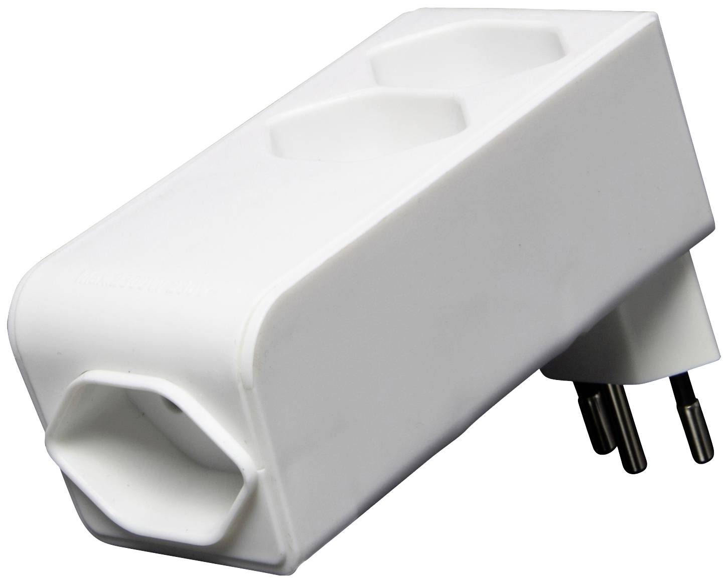 Multiprise électrique blanche à trois prises avec deux fiches, utilisée pour étendre le nombre de prises électriques disponibles.
