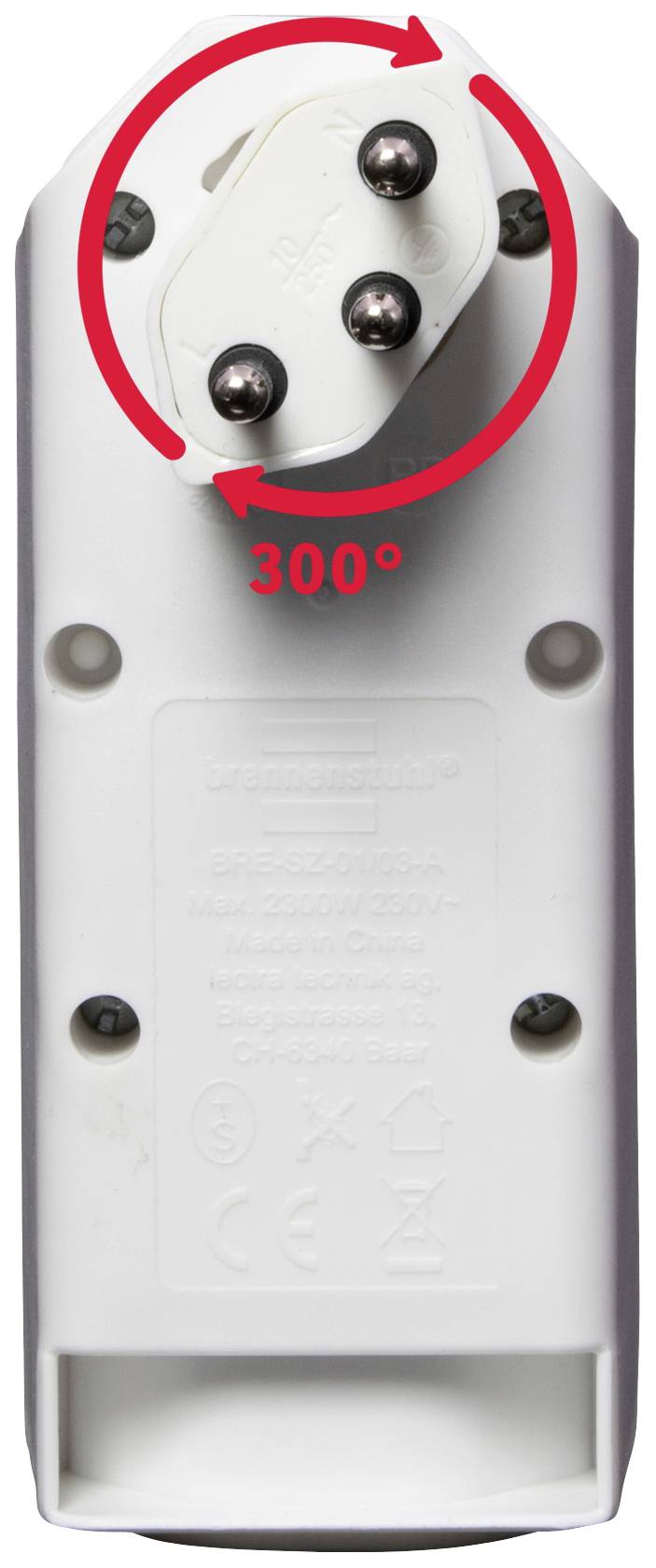 Arrière d'une brosse à dents électrique avec un accent mis sur la tête de brosse pivotante à 300°, mise en évidence par une flèche rouge.