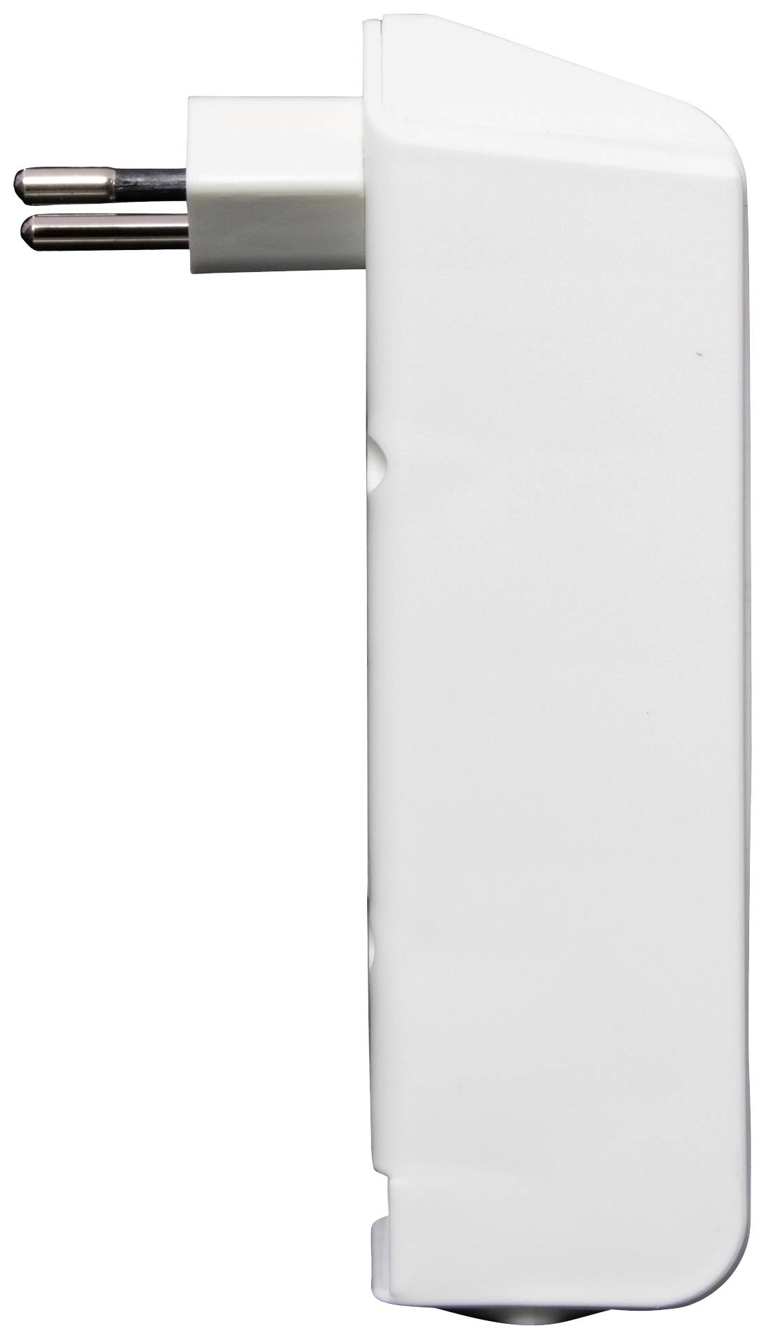 Un adaptateur de prise secteur blanc et rectangulaire vu de côté, avec deux fiches rondes, sur un fond blanc.