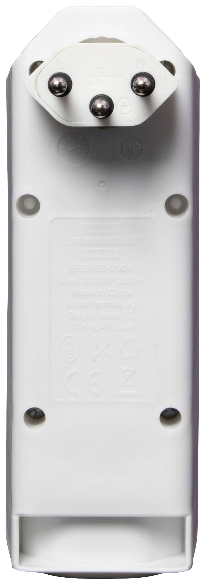 Dos d'une télécommande blanche ou d'un appareil similaire avec des vis visibles et des clips de fixation en haut.