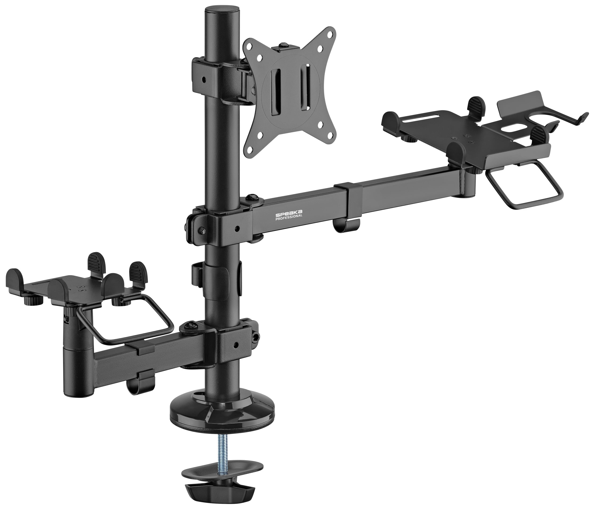 Support ergonomique pour moniteur et ordinateur portable en métal noir, montrant un support de fixation de bureau avec bras ajustable.