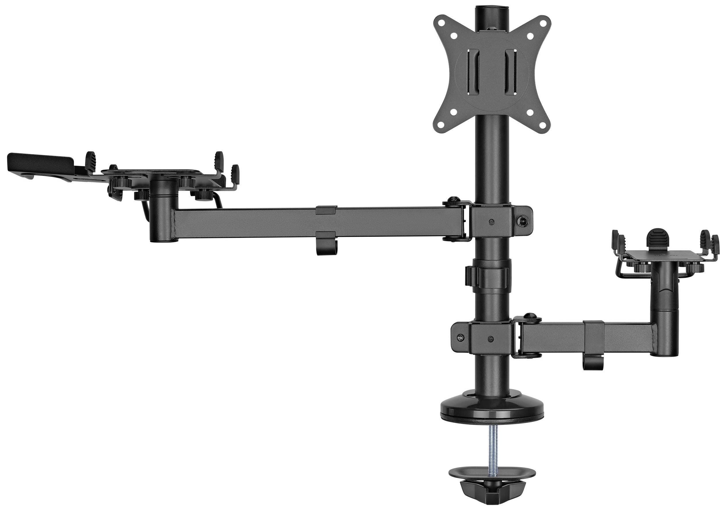 Support de moniteur à deux bras, fixation par pince sur le bord de la table. Bras gauche pour ordinateur portable, bras droit pour moniteur. Pivotant et inclinable.