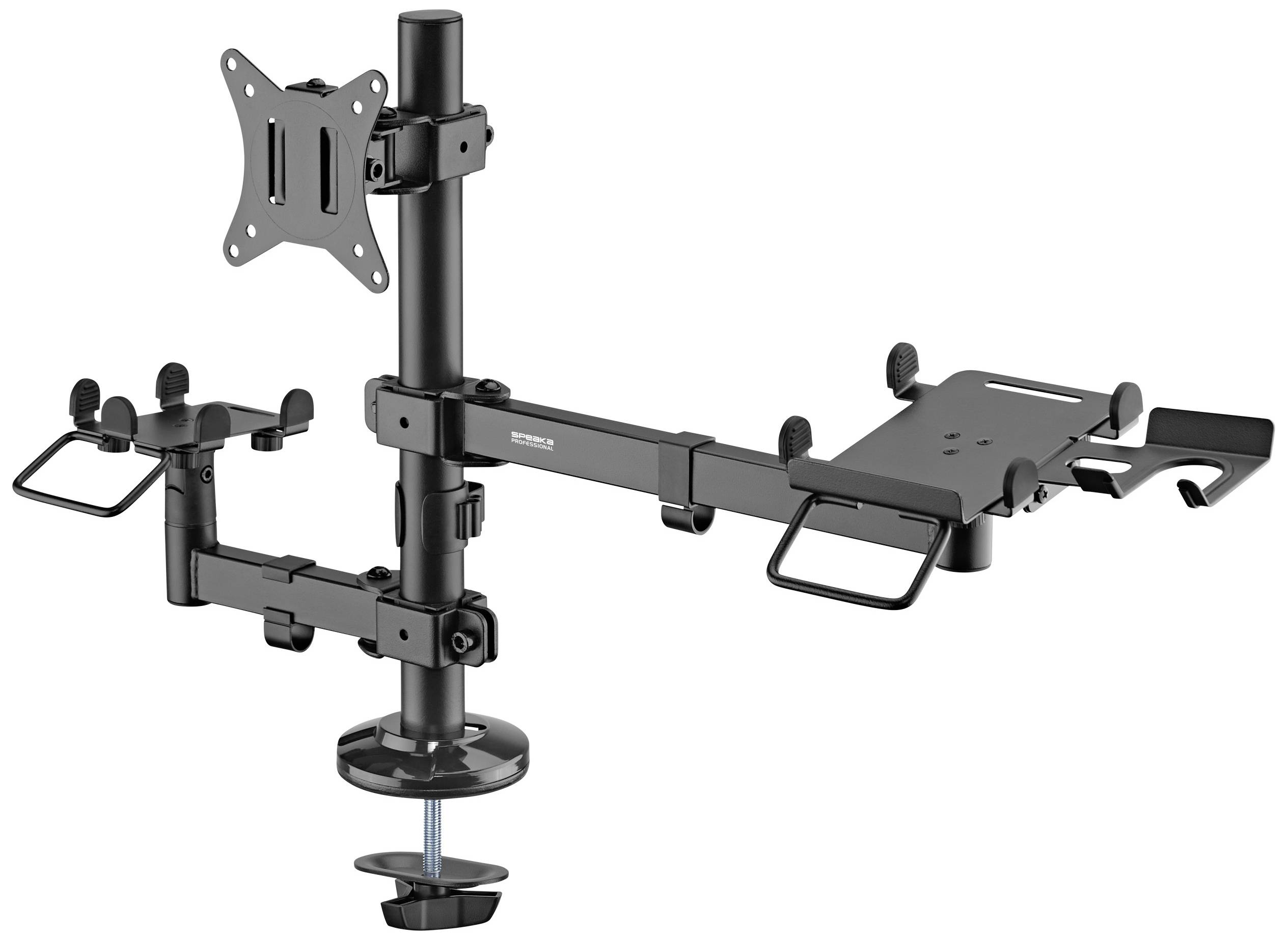Support de moniteur et d'ordinateur portable réglable à fixation de bureau avec deux bras. Idéal pour l'aménagement ergonomique du poste de travail.