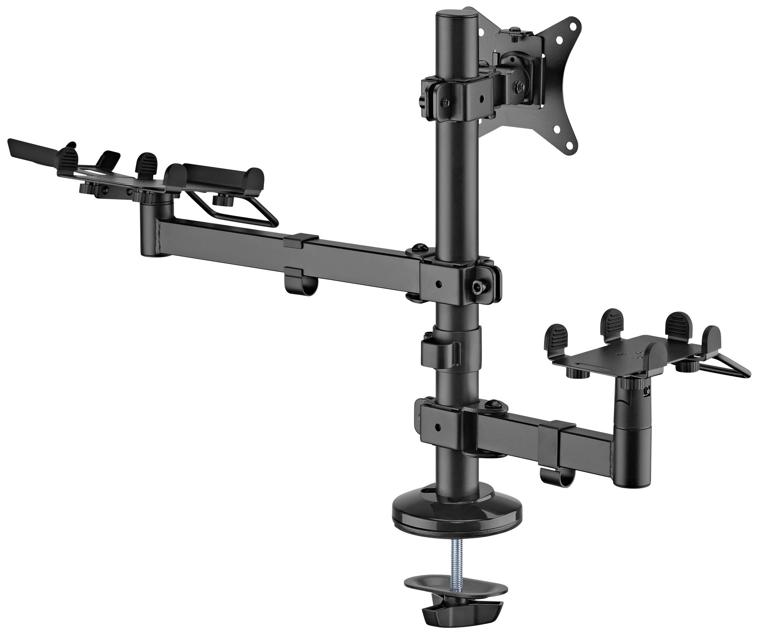 Un bras de moniteur réglable en métal noir avec plusieurs articulations et une pince de fixation pour bureau.