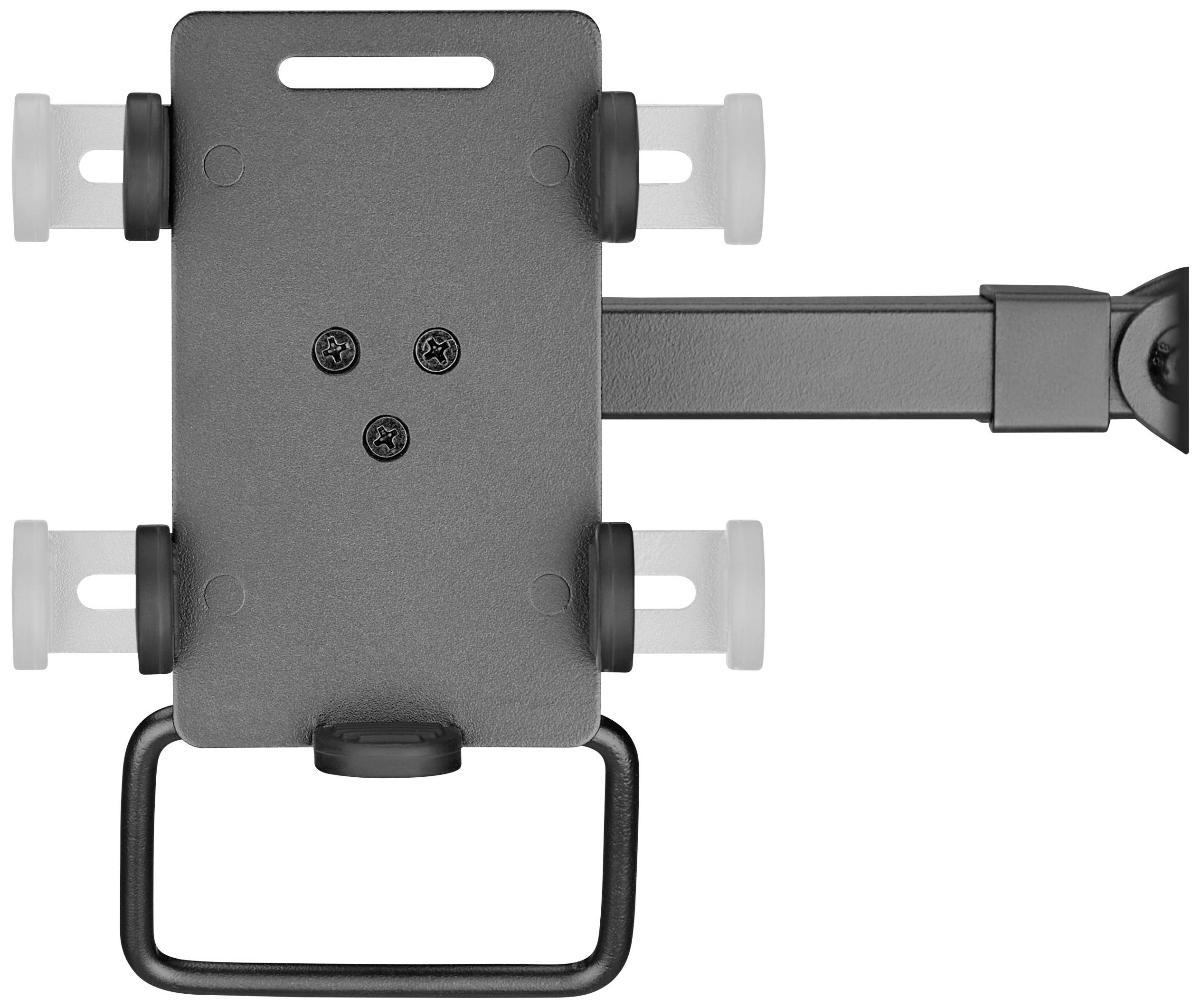 Support métallique avec bras mobile et plusieurs trous de vis. Adapté pour la fixation murale d'appareils.