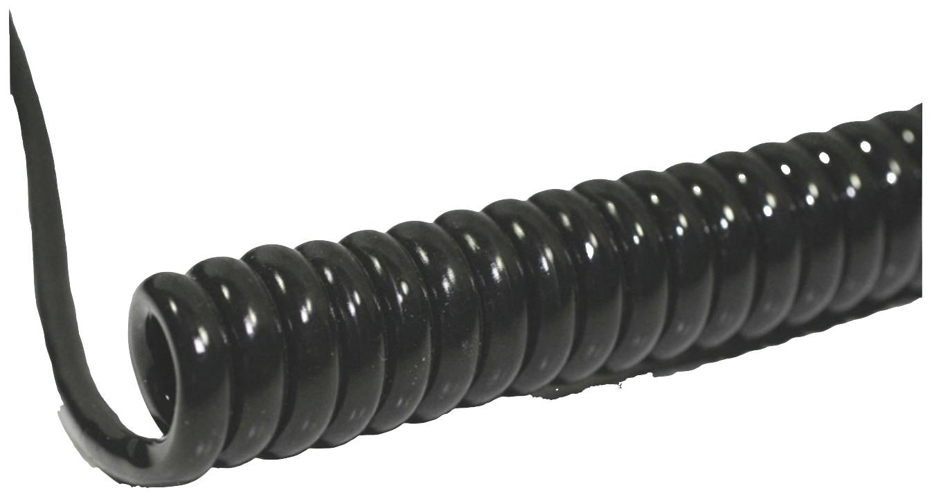 Un câble noir enroulé en spirale, étroitement enroulé. Il fait preuve de flexibilité et est prêt à être déroulé.